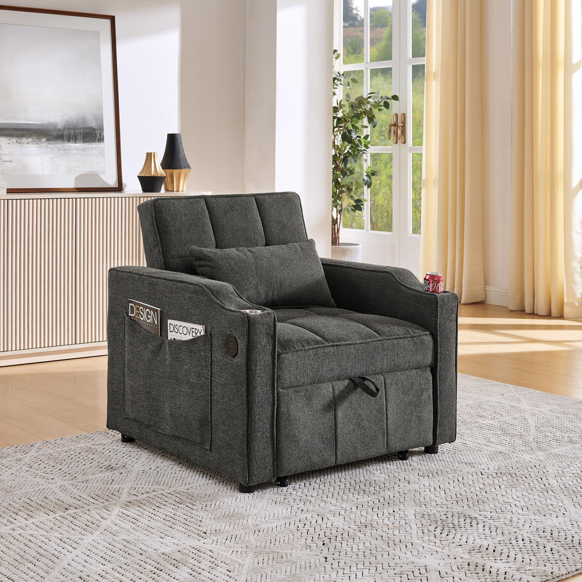RELAXSESSEL 190/85/86 cm Dunkelgrau mit USB-/Typ-C-Anschluss und Seitentasche - Dunkelgrau, Textil (190/86/85cm) - Oxeza