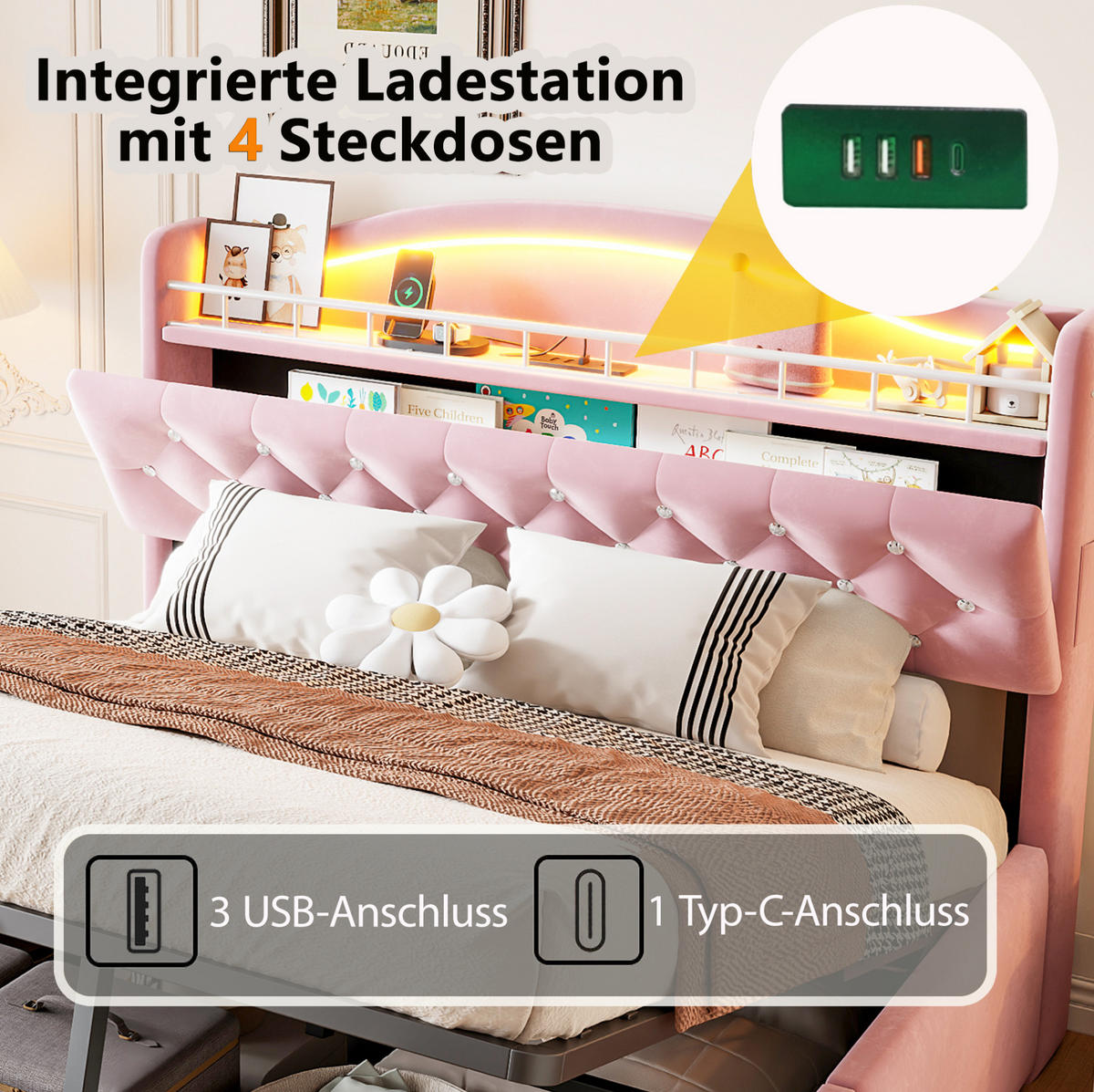 POLSTERBETT 180/200 cm aus Samt und Metall mit Stauraum Rosa - Pink, Textil (180/200cm) - OKMYHOME