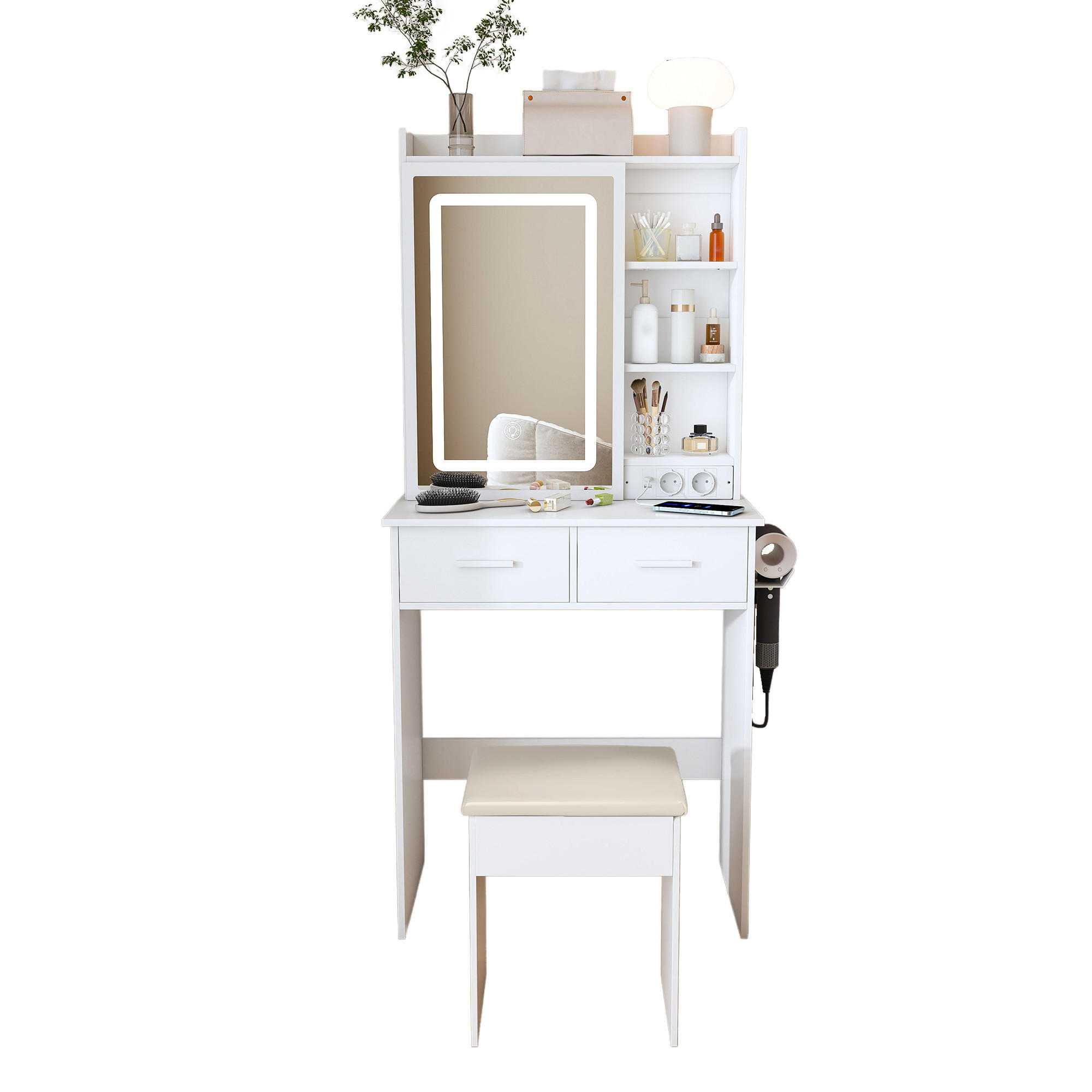 SCHMINKTISCH in Weiß Frisiertisch mit Spiegel LED-Beleuchtung Steckdose Hocker verstecktem Stauraum Schlafzimmer B60/T36/H136cm - Weiß, Glas/Holzwerkstoff (60/136/36cm) - STILVORA