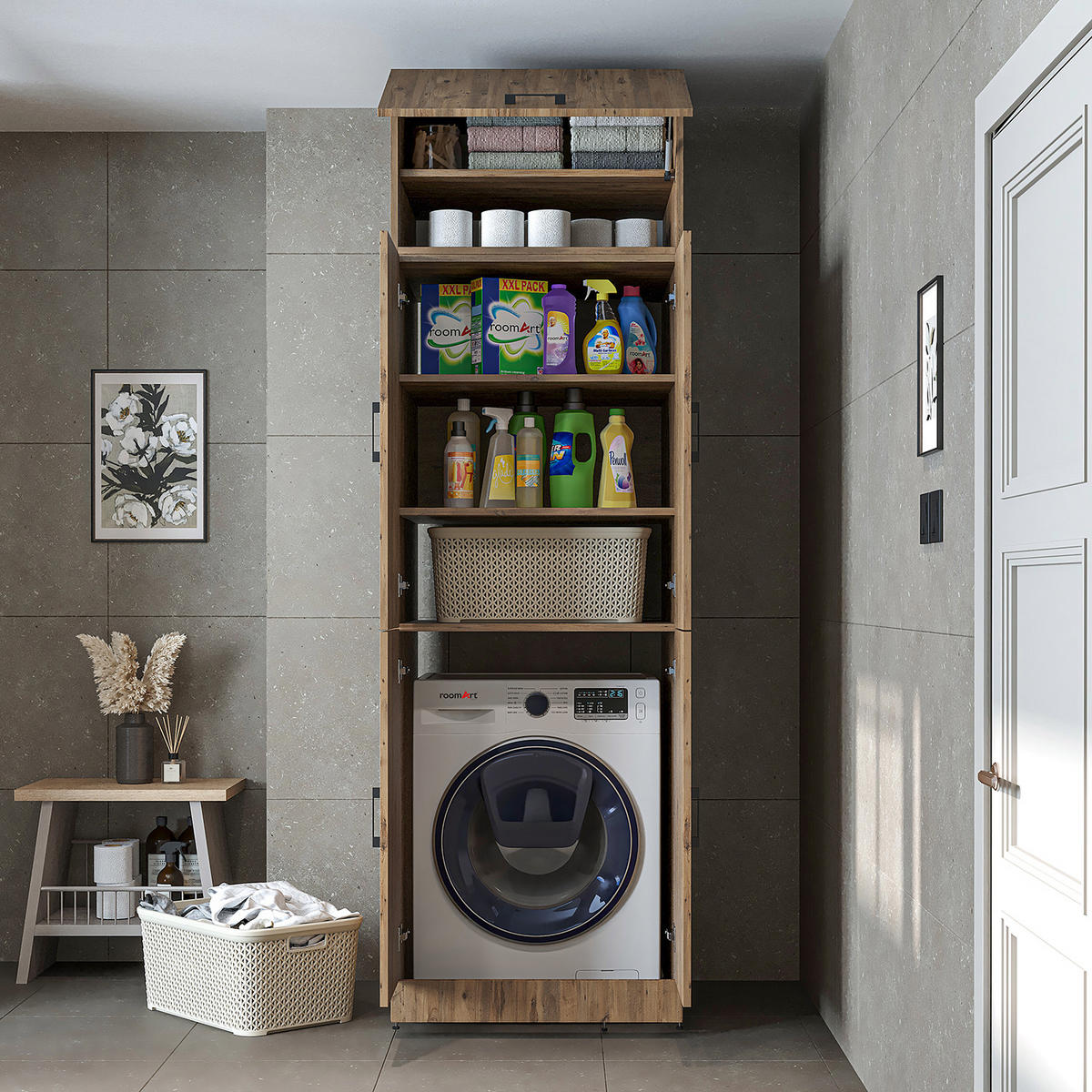 WASCHMASCHINENSCHRANK DORA-II 70cm Breit, 230cm Hoch - Eichefarben, Holzwerkstoff (70/230/74cm)