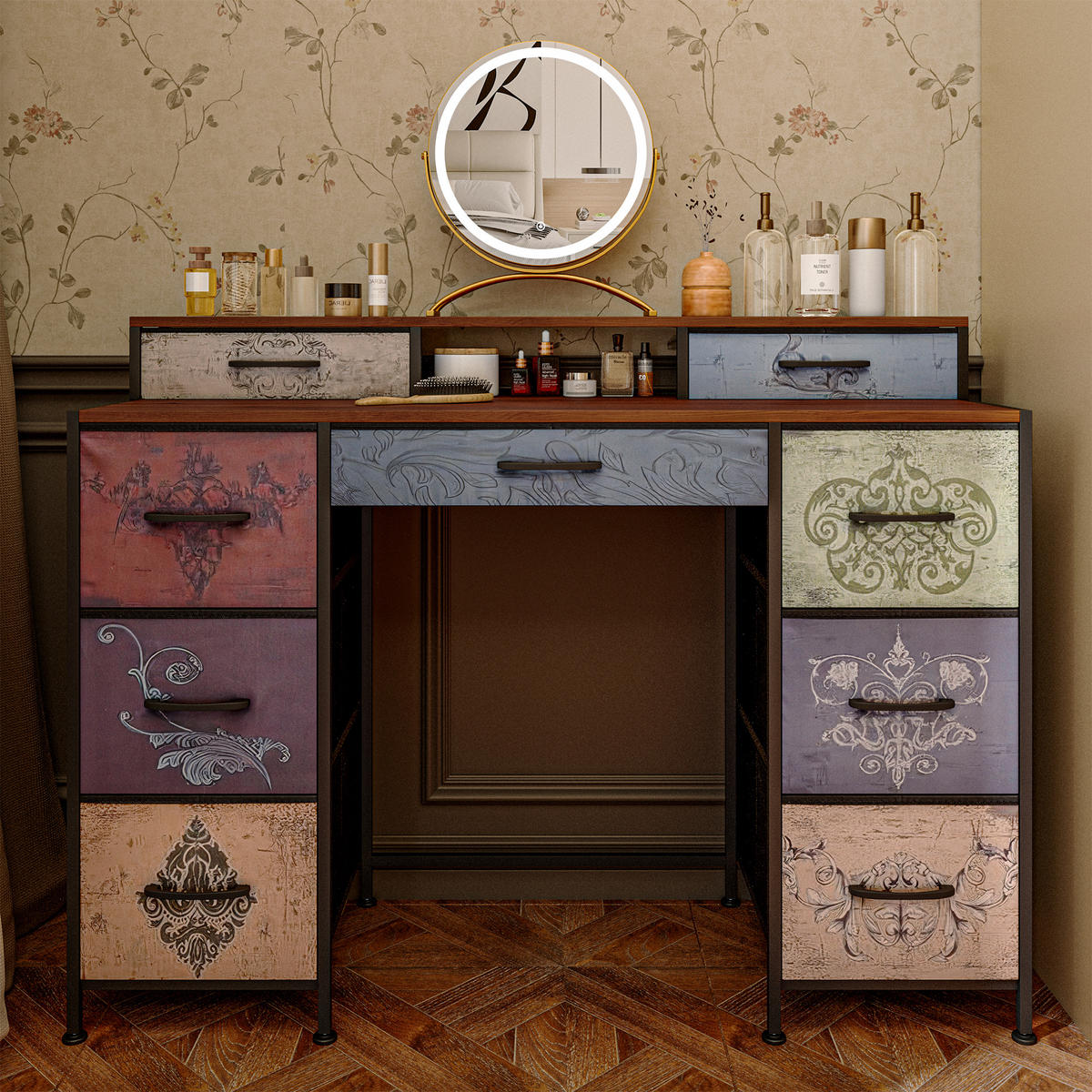 FRISIERTISCH Vintage-Kommode, Stoffschubladen, Schrank mit vier Ebenen, Schminktisch für Schlafzimmer, Beistelltisch für Wohnzimmer - Multicolor, Holz (40/91.2/121cm) - WoodenAura