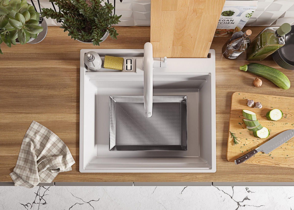 SPÜLBECKEN Oslo Pocket, 2-er set Weiß 58/53 cm 1 Becken + Ablauf-Set + Küchenzubehörset ab 60er Unterschrank - Chromfarben/Beige, Kunststoff (58/20/53cm) - Primagran