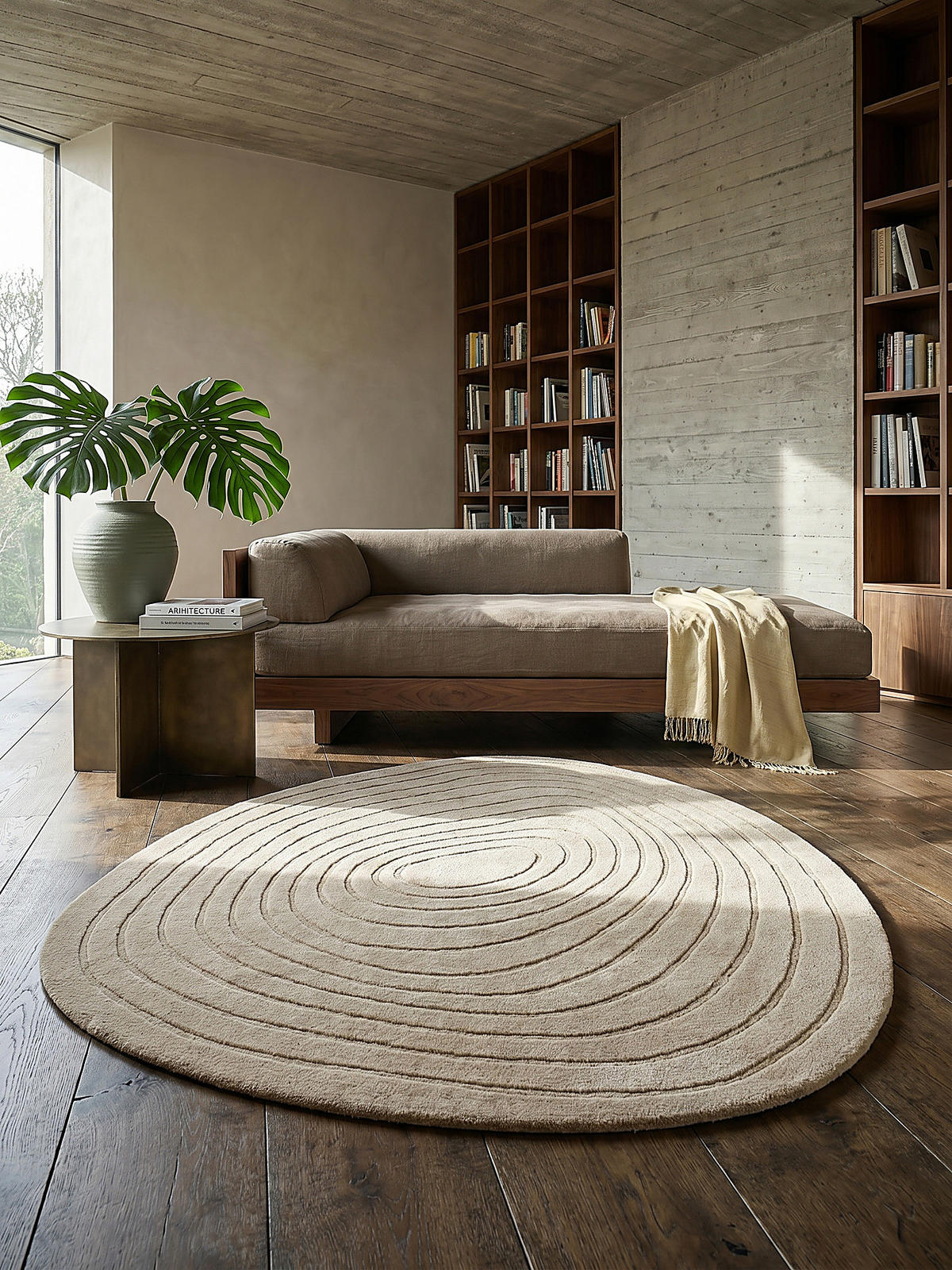 TEPPICH aus Wolle Handgefertigt, Organische Ei-Form, Hoher und niedriger Flor Beige Oval 160x230 - Beige, Textil (160/230cm) - KADIMA DESIGN