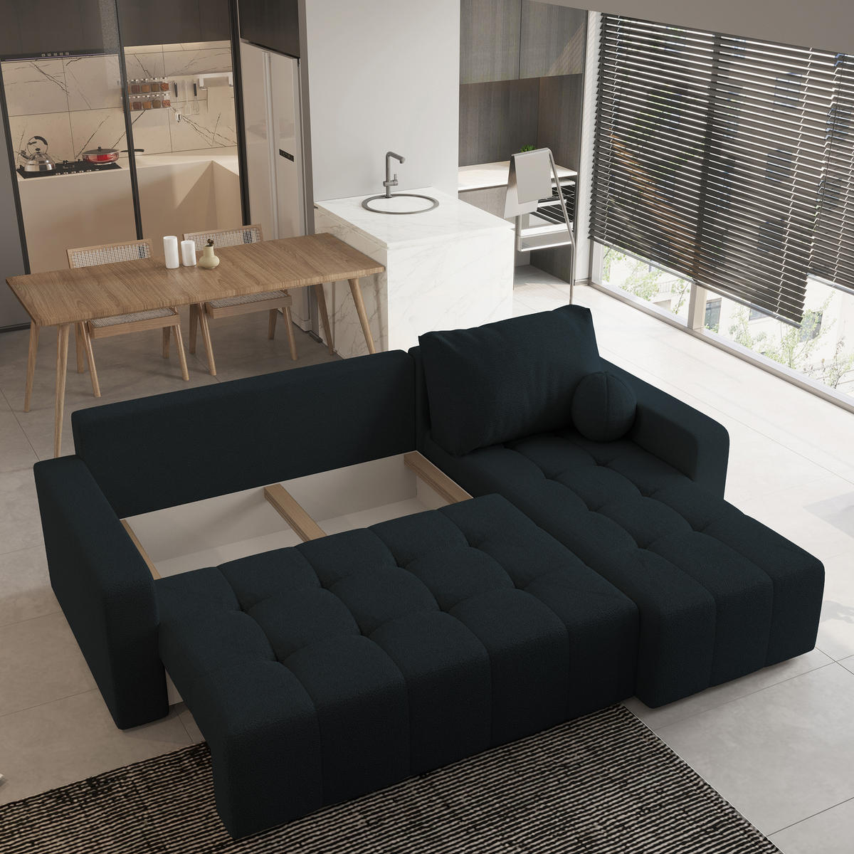 ECKSOFA VOLIRA Schwarz Boucle-Stoff mit Schlaffunktion - Schwarz, Holz (230/143cm) - MASSENO