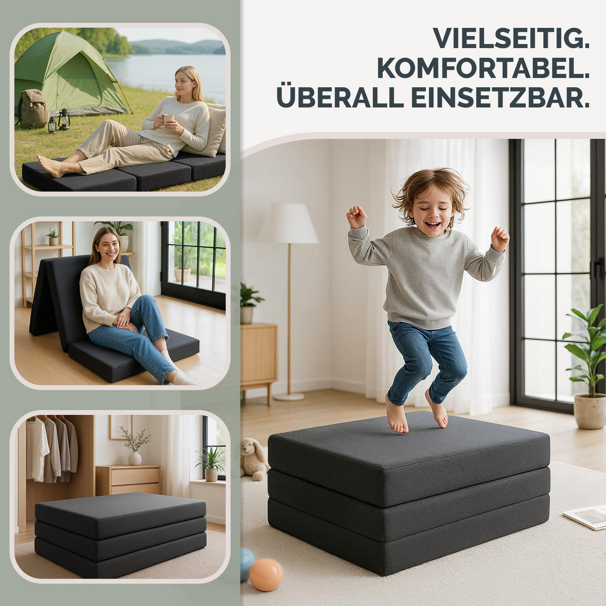 KLAPPMATRATZE 90x200 cm - 3teilig in Anthrazit - Anthrazit, Textil - Blumtal