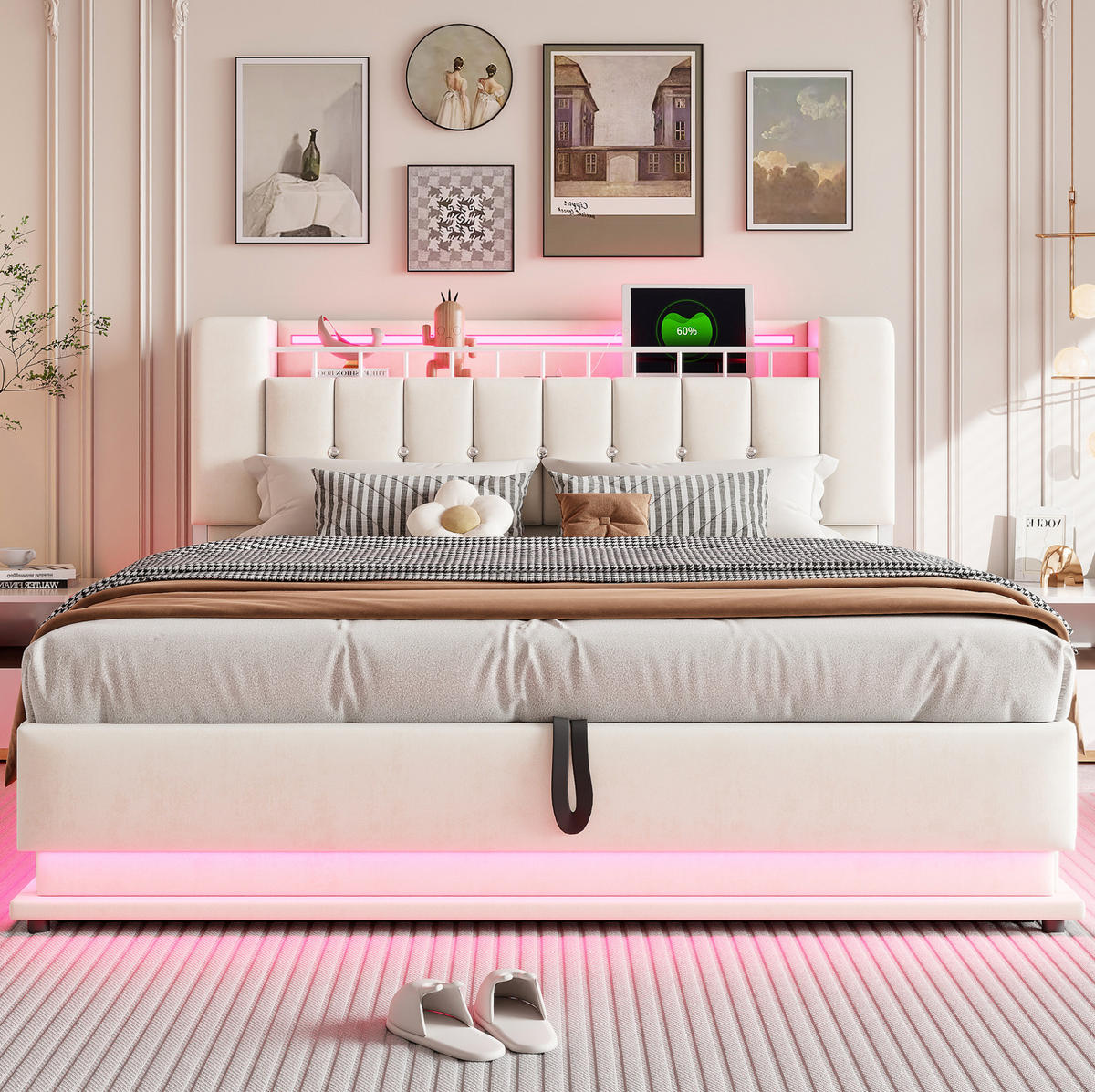 ČALÚNENÁ posteľ z MDF, kovu a látky 180x200 cm béžová s LED osvetlením, USB a hydraulickým úložným priestorom - béžová, textil (180/200cm) - Modfu