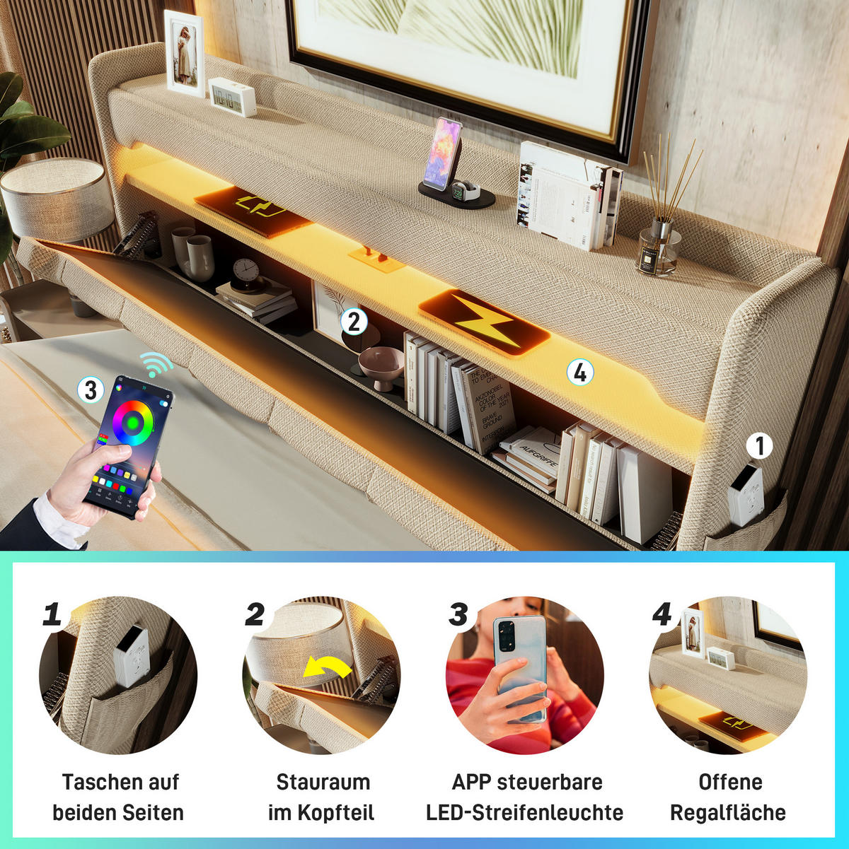 POLSTERBETT 180/200 cm Beige aus Leinen mit LED und Stauraum - Beige, Textil (180/200cm) - OKMYHOME