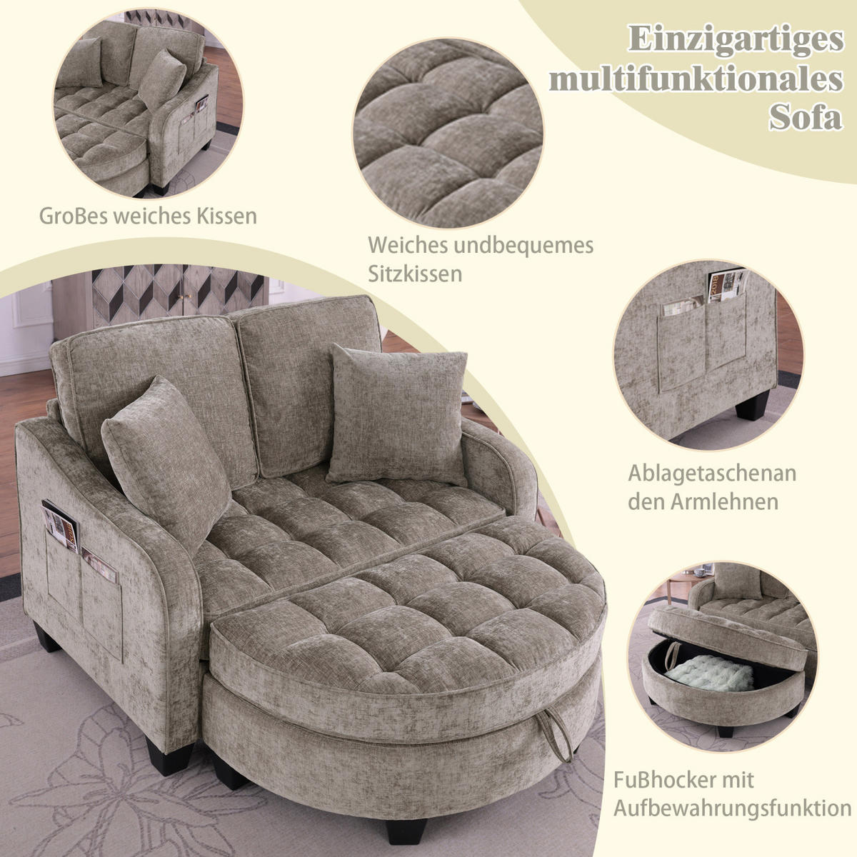 SCHLAFSOFA 2 in 1 Sofa mit Schlaffunktion, Hocker und Stauraum Stoffbezug Braun - Braun, Textil (129/93/132cm)