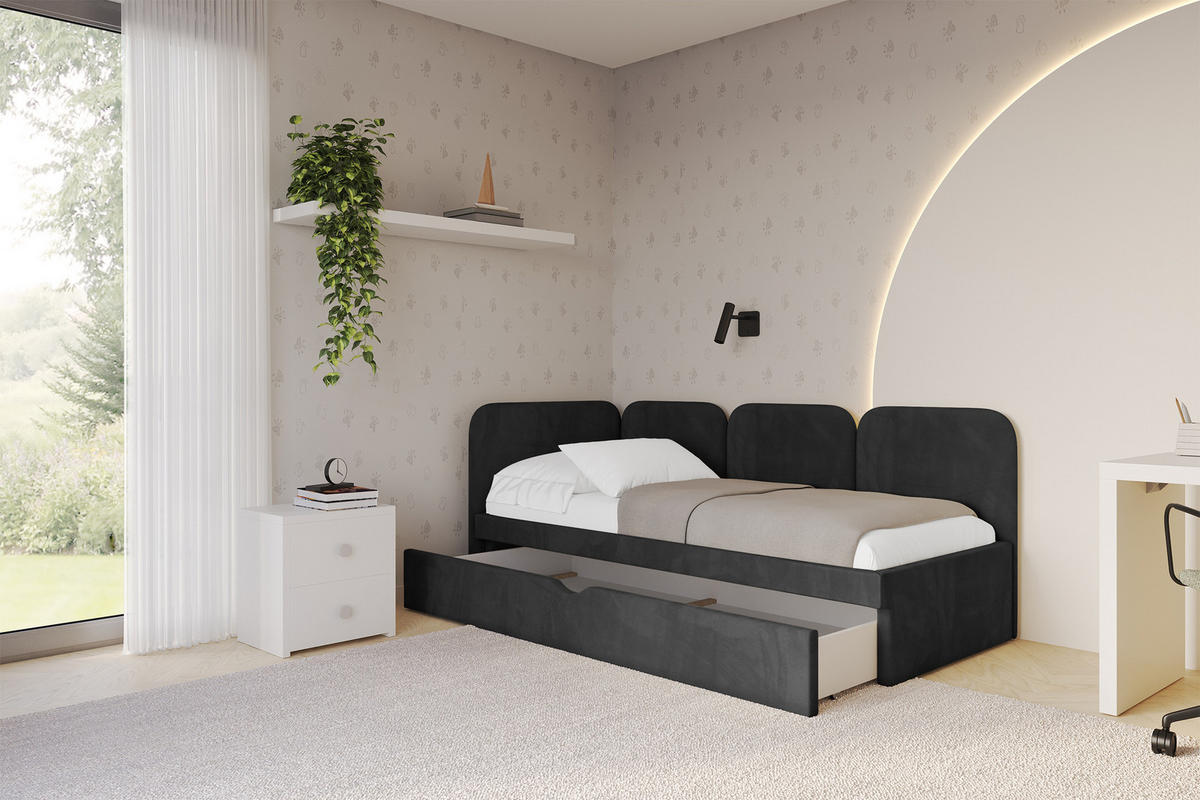 EINZELLBETT Jugendbett mit Bettkasten, Rechts - ALVY 80x200 Schwarz - Schwarz, Holzwerkstoff/Textil (80/200cm) - ALTDECOR