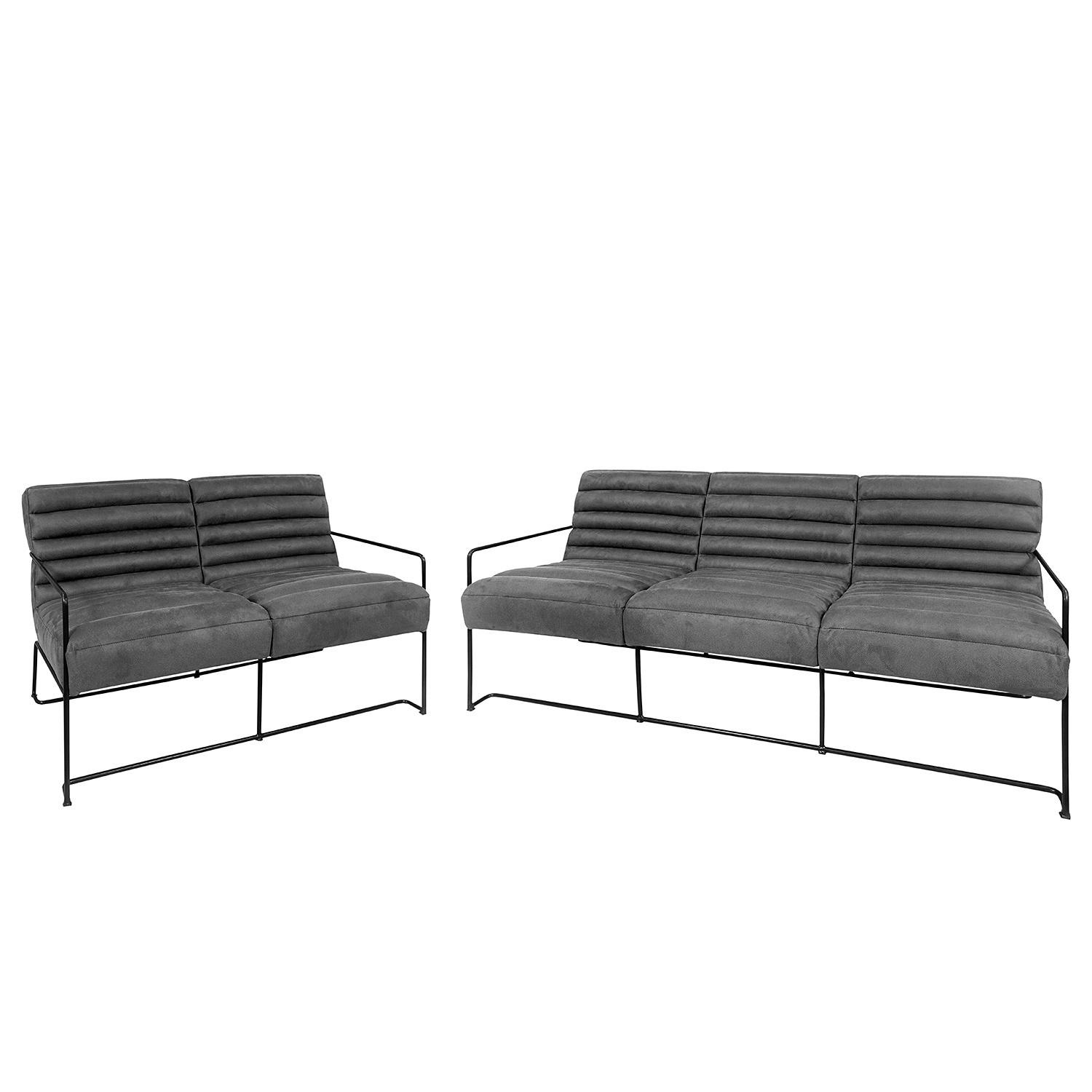 POLSTERGARNITUR (3-2) - Antiklederlook - Grau, Textil (1/1/1cm) - home24