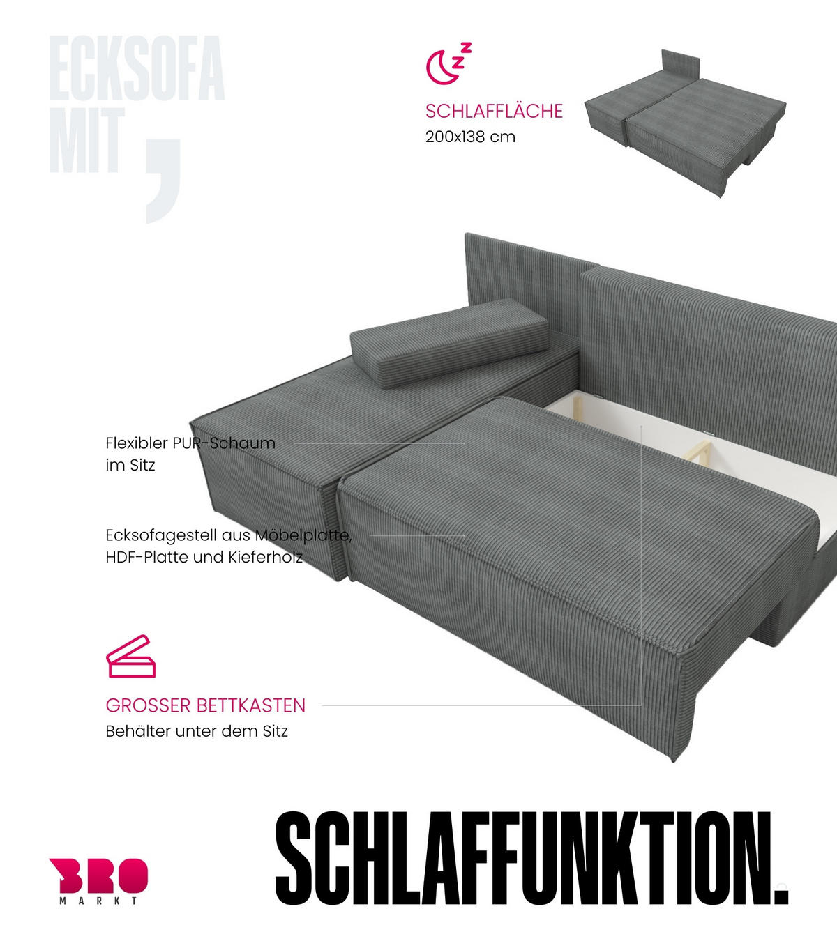 ECKSOFA Hector mit Schlaffunktion Grau Cord - Grau, Textil (200/141cm) - Bromarkt