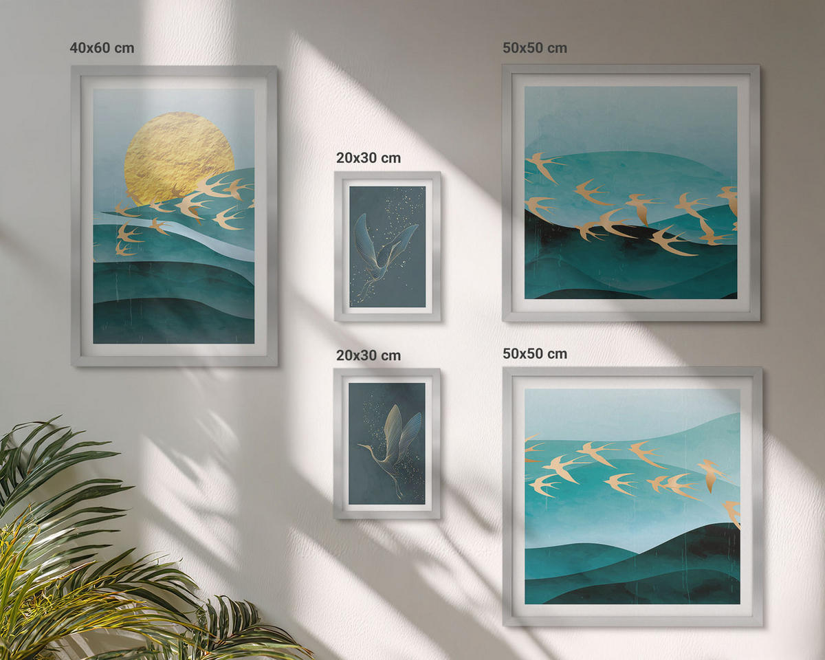 WANDBILDER 5er Set - 50x50 cm & 20x30 cm & 40x60 cm Silberner Rahmen - Stilvolle Landschaften mit Vögeln - Silberfarben, Kunststoff (40/60cm) - ArtPrintCave