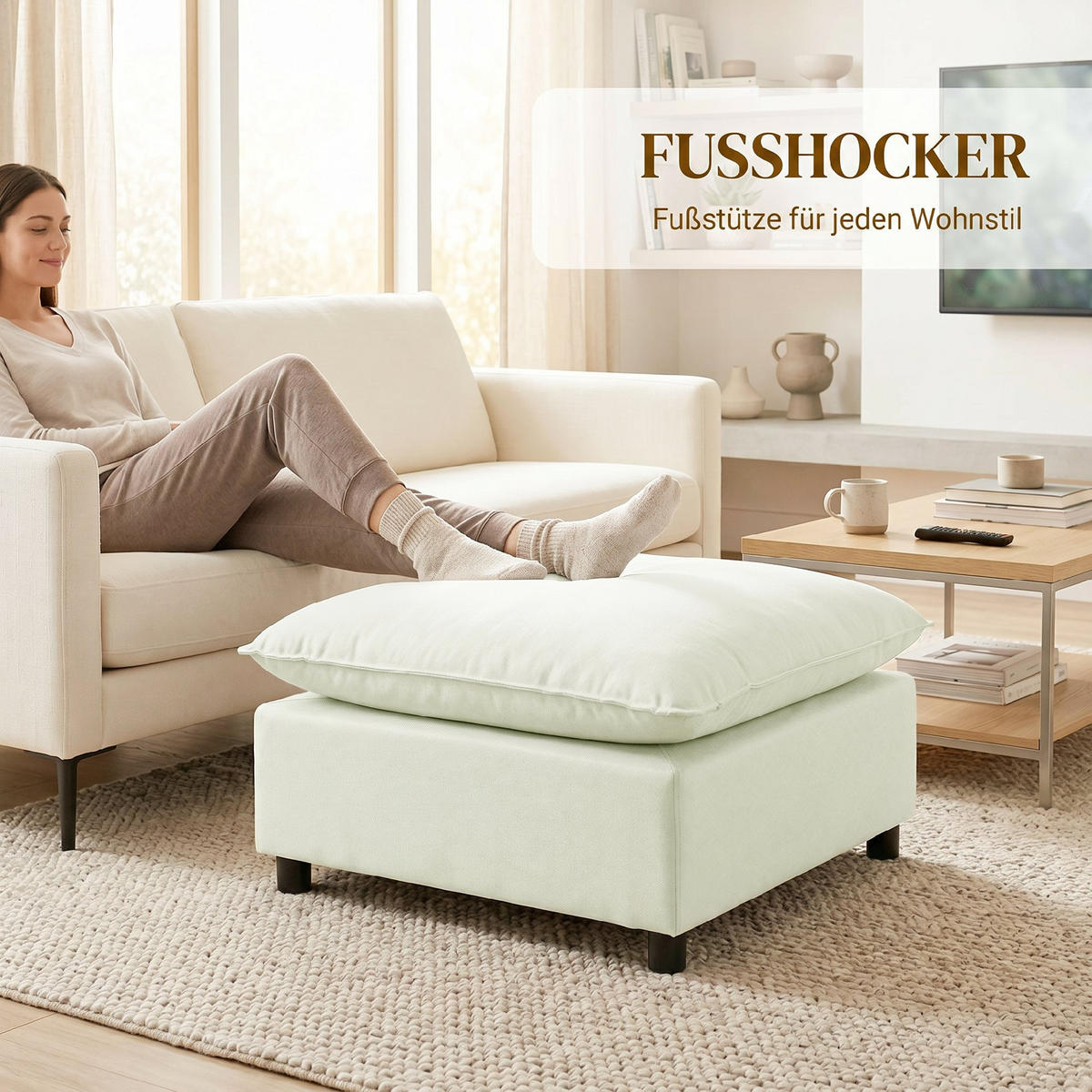 FUSSHOCKER Polyester Cremeweiß - Creme/Schwarz, Holzwerkstoff/Kunststoff (75/40/75cm) - HOMCOM
