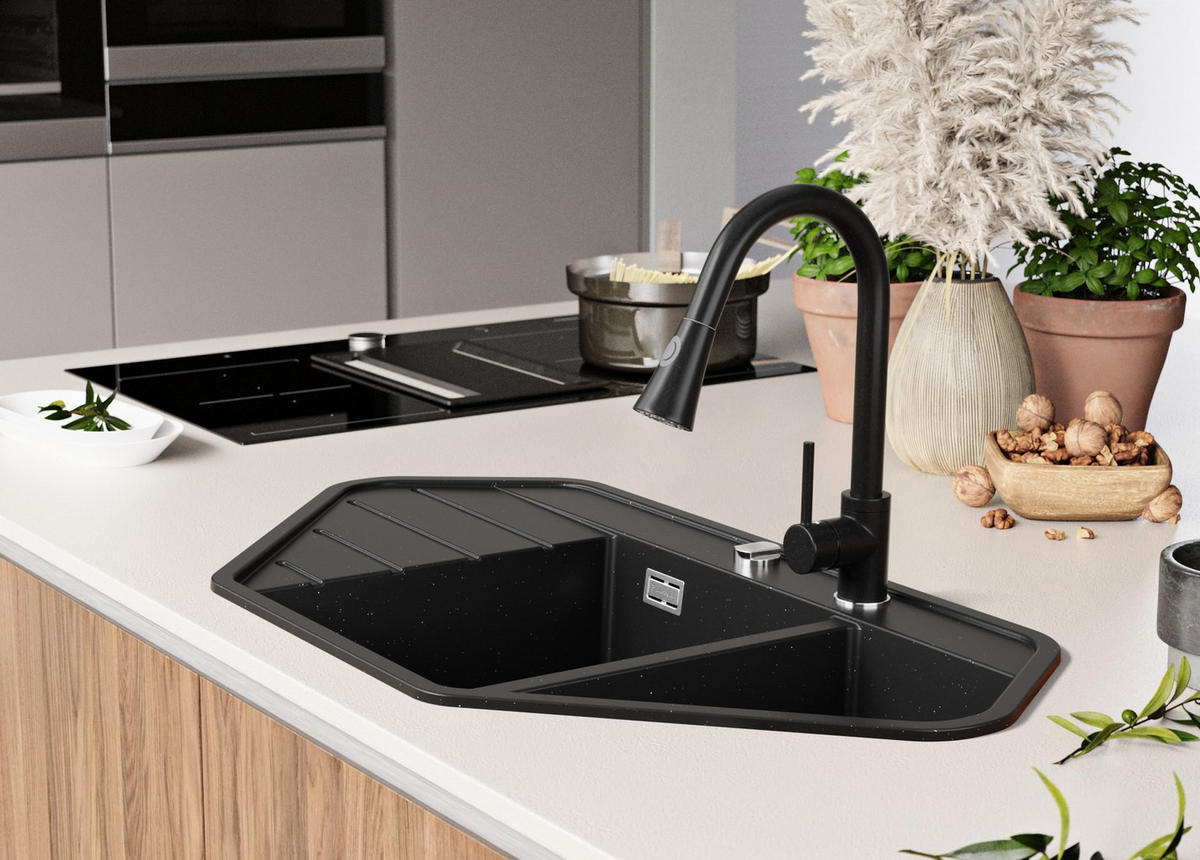 ECKSPÜLE Kopenhagen Corner, 2-er set Schwarz Metallic 90/50 cm 1,5 Becken + Ablauf-Set ab 70er Unterschrank - Chromfarben/Schwarz Hochglanz, Kunststoff (90/18/50cm) - Primagran