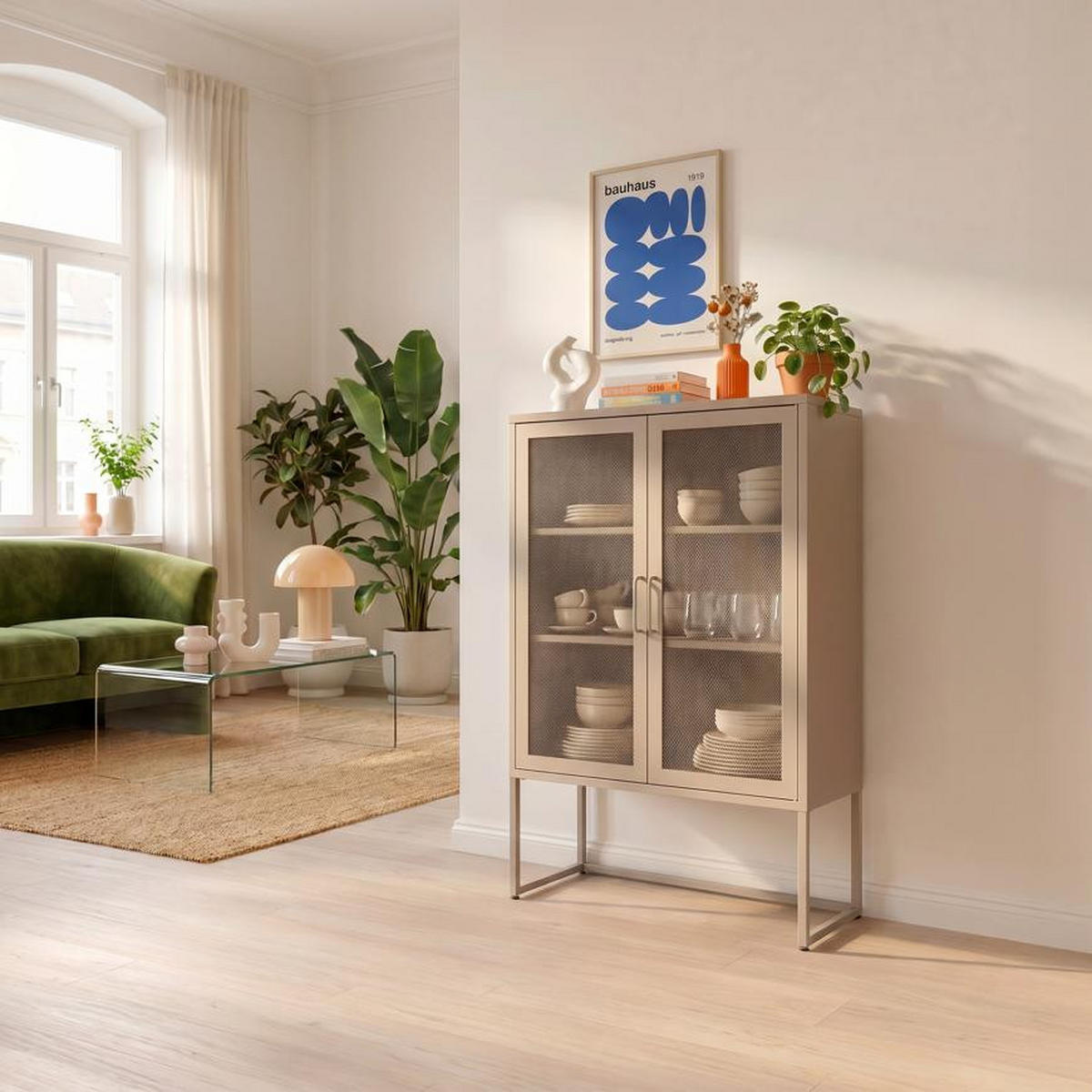 HIGHBOARD im Industrial-Design aus Metall H.120cm 2 Türen Streckmetall Beige - Kai - Beige, Metall (85/120/45cm) - Sicaan