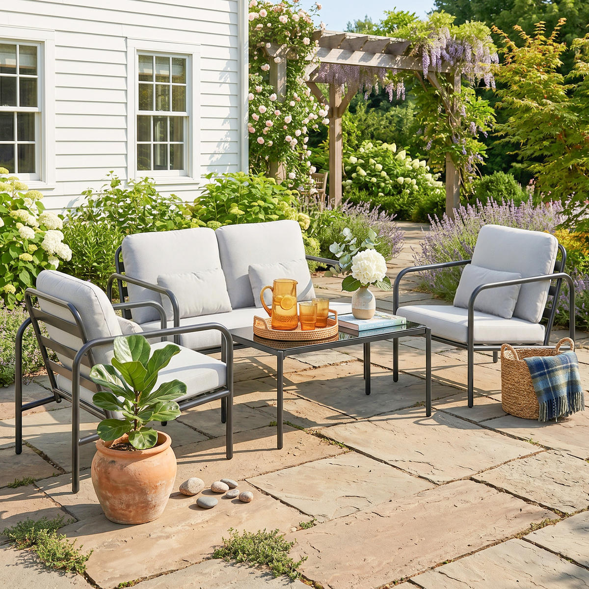 GARTENMÖBEL-SET, Stahl 4-teilig Doppelsofa, hellgrau - Grau, Metall - Vallsero