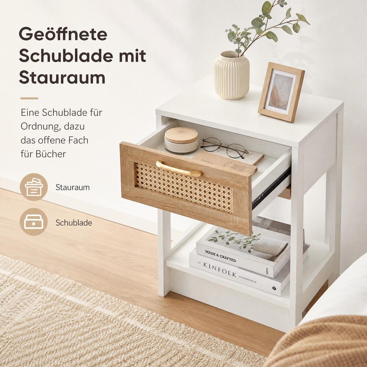 NACHTTISCH 40/55/40 cm Natur/Weiß aus MDF mit Schublade - Hellbraun, Holzwerkstoff (40/55/40cm) - OKMYHOME
