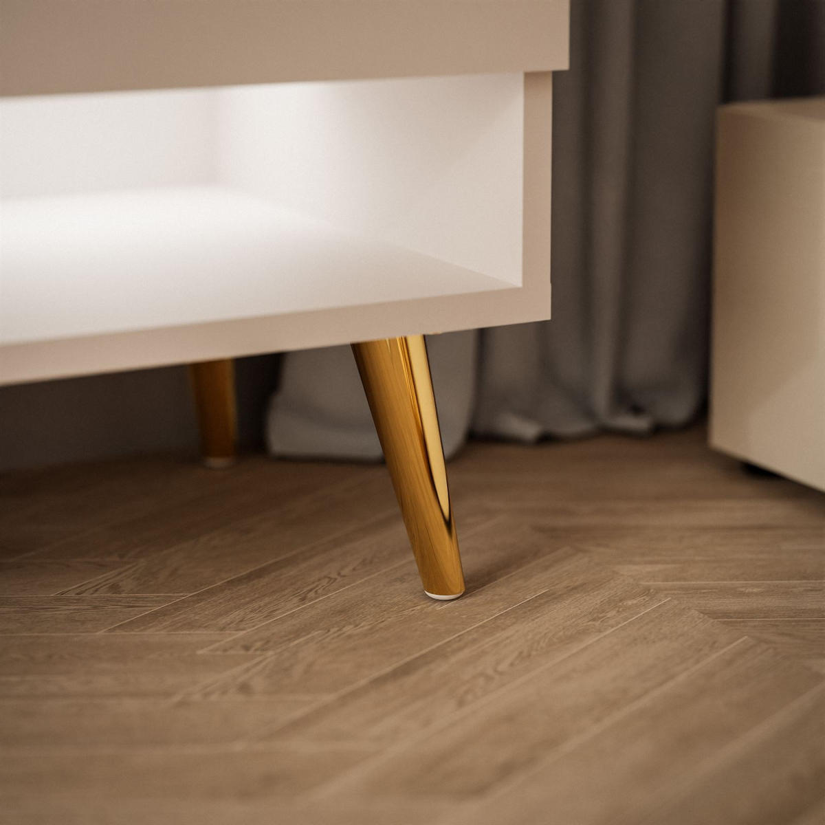 LOWBOARD TV-Schrank CALANTE 180 cm auf schrägen goldenen Chrom-Beinen - Weiß Hochglanz/Goldfarben, Holzwerkstoff/Metall (180/43/35cm) - Lookway