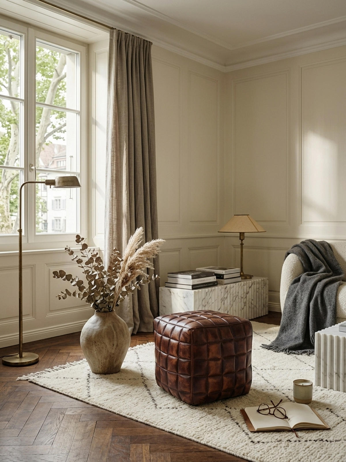 SITZHOCKER – Echtleder, 41x39x39 cm, abgesteppte Quadrate, Used-Look - Braun, Leder (39/41/39cm) - KADIMA DESIGN