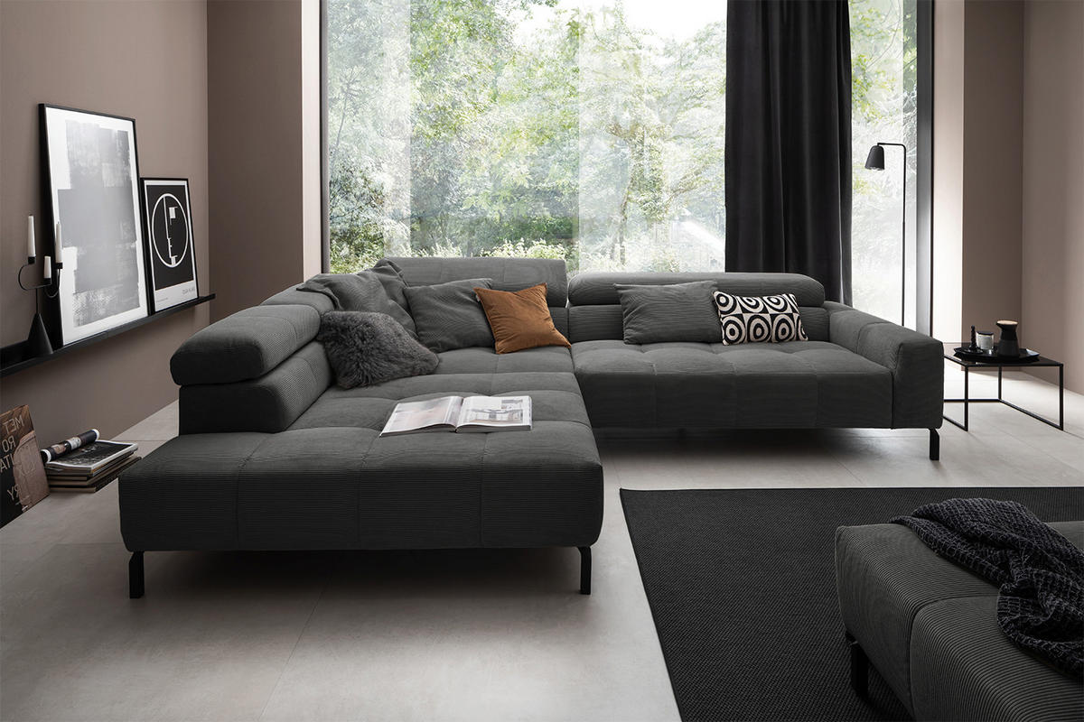 ECKSOFA MIT MOTORISCHEM SITZVORZUG OHIO Anthrazit Cord - Anthrazit/Schwarz, Textil/Metall (311/219cm) - KAWOLA