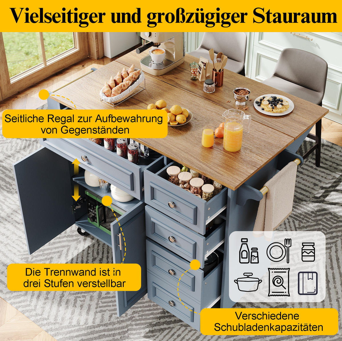 KÜCHENINSEL 110/45-75/92 cm aus MDF mit klappbarer Tischplatte Babyblau - Blau, Holzwerkstoff (110/92/75cm) - Modenvie
