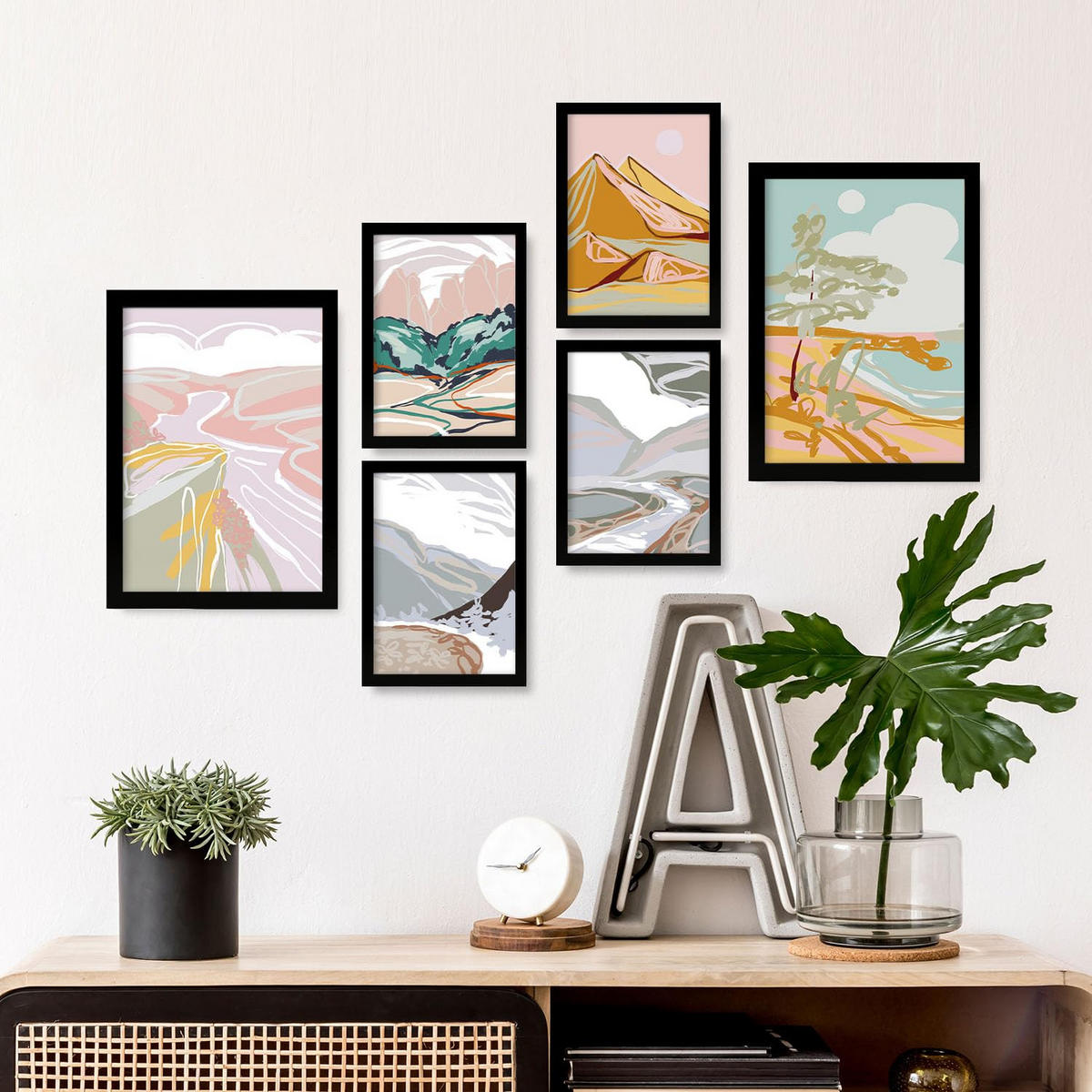 POSTER Set Mit 6 Küstenlandschaftsabstrakte Größe A3 & A4 Schwarzer Rahmen - Schwarz, Papier (29.7/1cm) - Nacnic