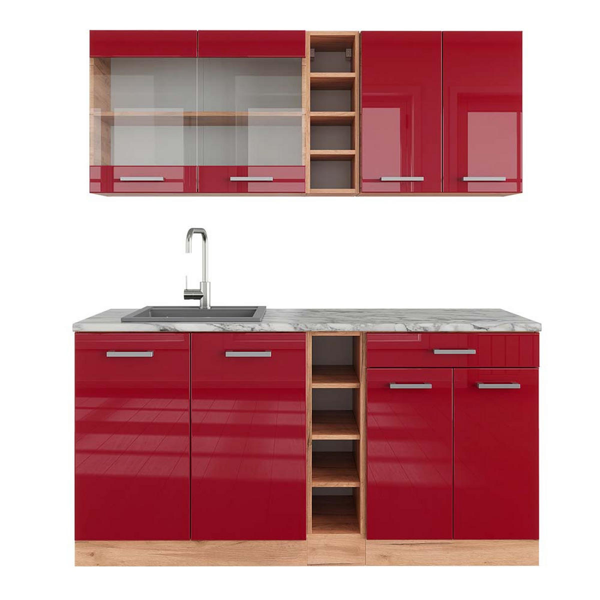 SINGLEKÜCHE R-Line Bordeaux Hochglanz/Goldkraft Eiche 160 cm AP Marmor - Bordeaux/Eiche Wotan, Holzwerkstoff (160/81.6/60cm) - Vicco