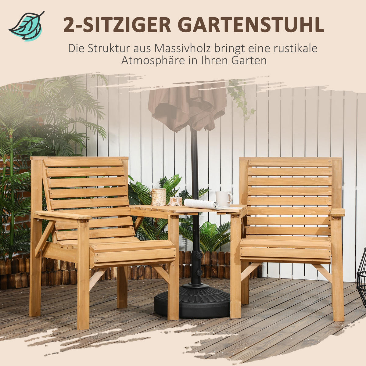 BISTRO-SET DE-07338 aus Holz mit Lamellendesign und Sonnenschirmloch Braun - Braun, Holz - ComfortXL