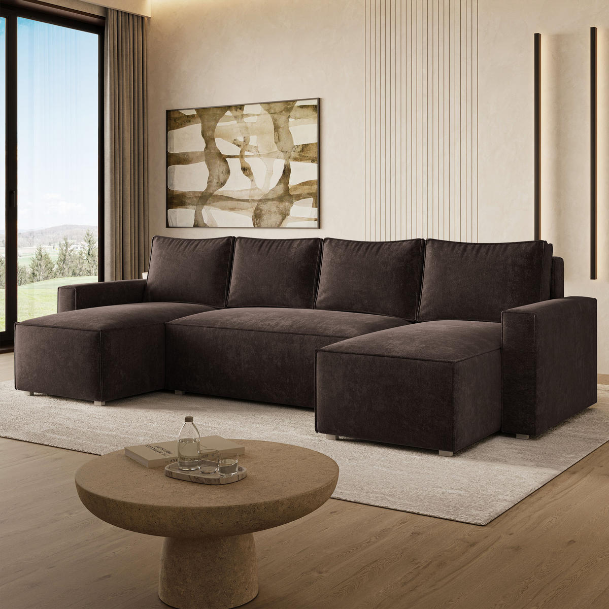 WOHNLANDSCHAFT ASPRA LM Braun Chenille mit Schlaffunktion - Dunkelbraun, Holz (295/85/140cm) - MASSENO