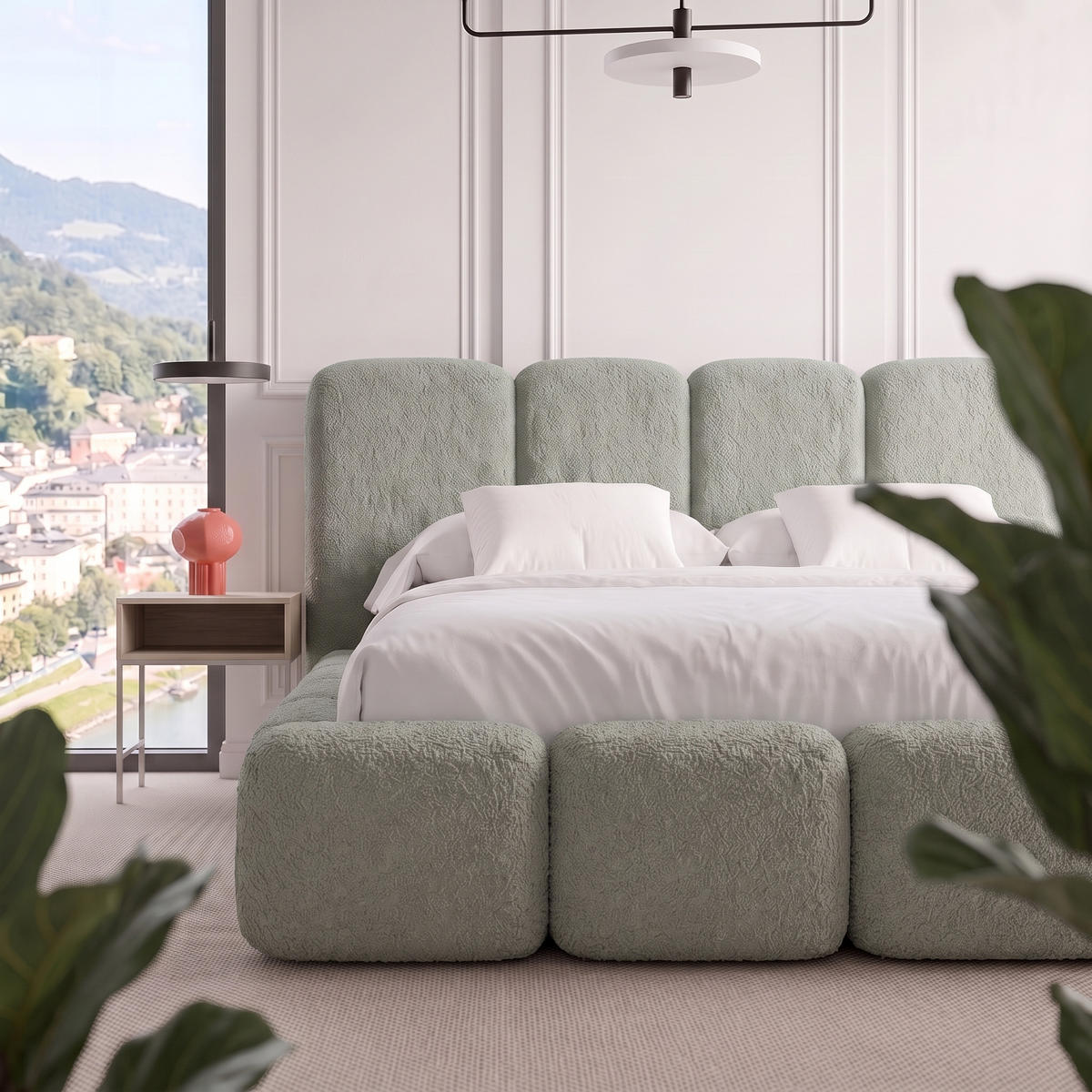 POLSTERBETT SUENO MAXI 160x200 cm in Mintgrün, gepolstertes Kopfteil, Metalllattenrost, Bettkasten, Bouclé-Stoff - Naturfarben/Mintgrün, Holz/Textil (160/200cm) - Muffo