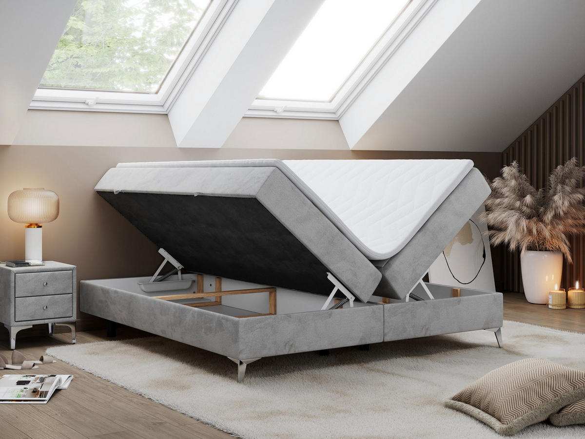 BOXBETT LESS 180/200 Hellgrau Velvet - H4 - Hellgrau, Holz/Textil (180/200cm) - MKS