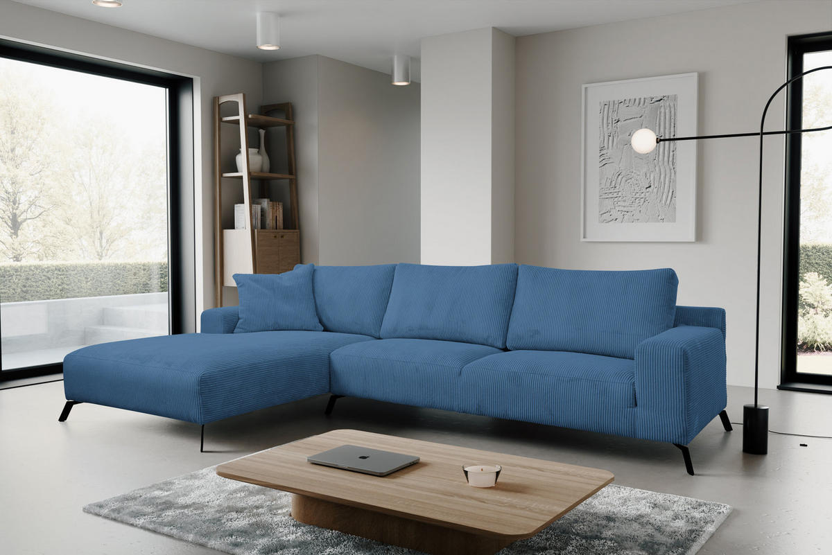 ECKSOFA Aspen in L-Form, Coach Farbe: Blau, Cordstoff, Ottomane Links - Blau, Textil (187/312cm) - VENASI MÖBEL