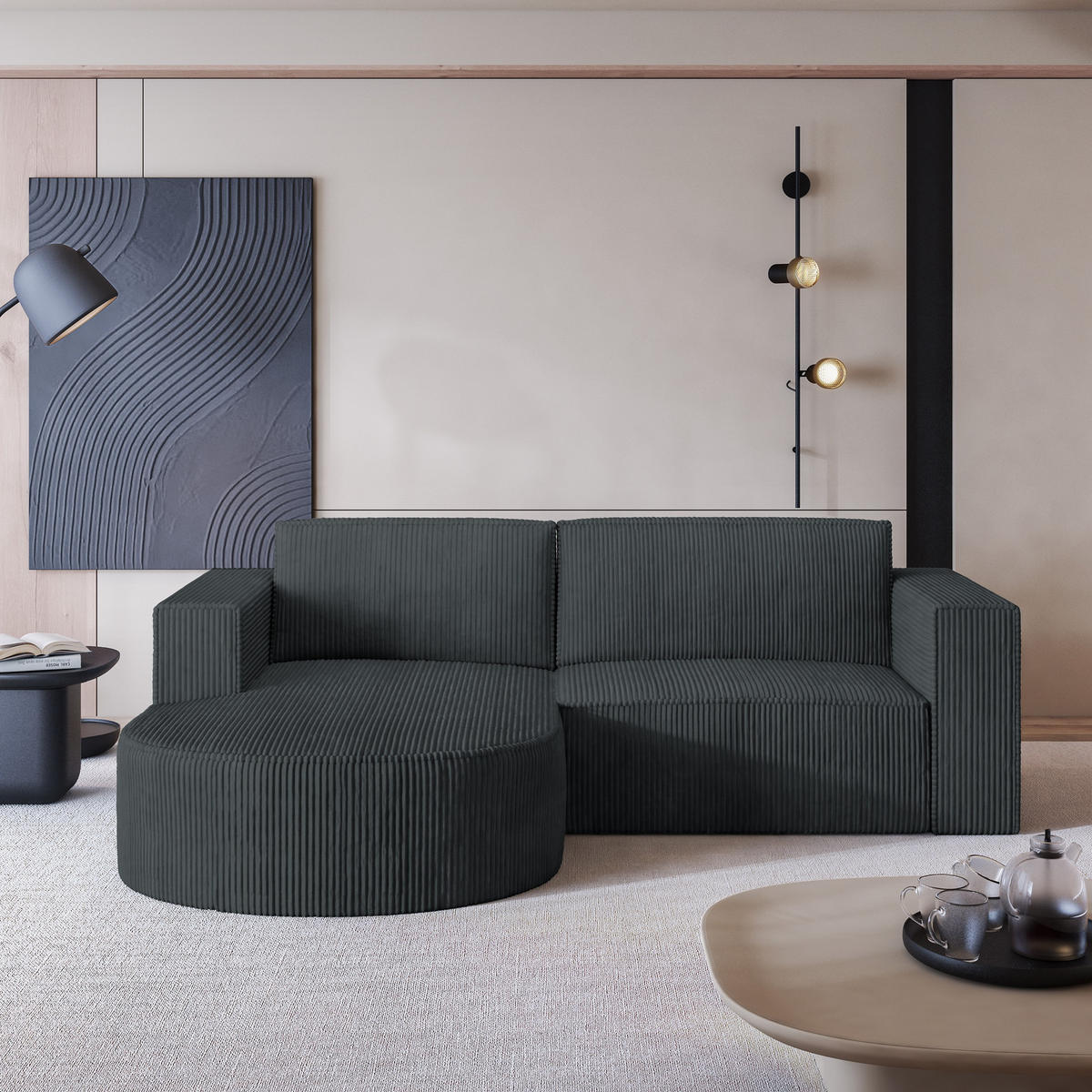 ECKSOFA SORELA P L-S Graphitfarben Kordstoff mit Schlaffunktion - Graphitfarben, Holz (263/174cm) - MASSENO