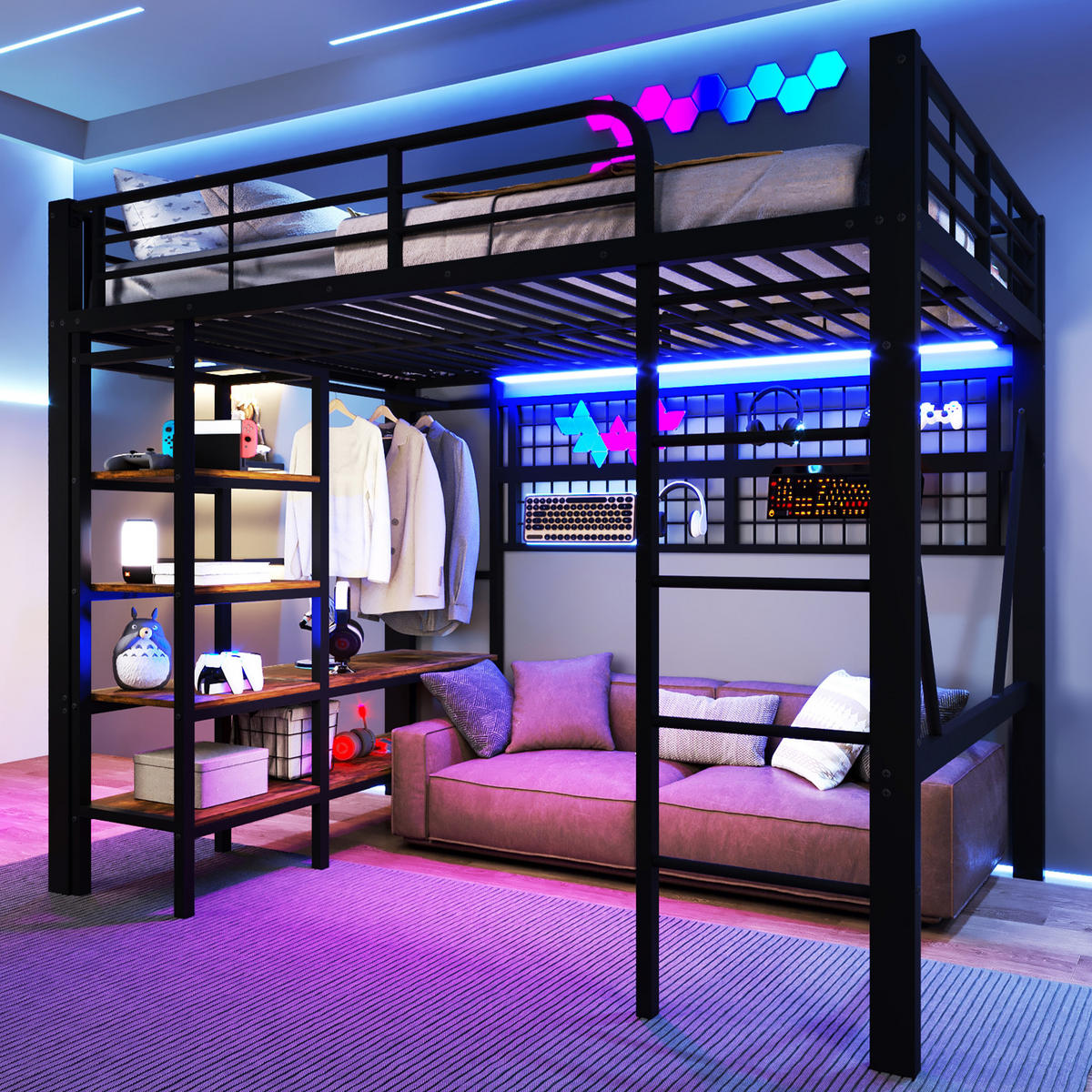 HOCHBETT 140/200 cm schwarz aus Metall mit App-steuerbarer LED und Stauraum - Schwarz, Metall (140/200cm) - OKWISH