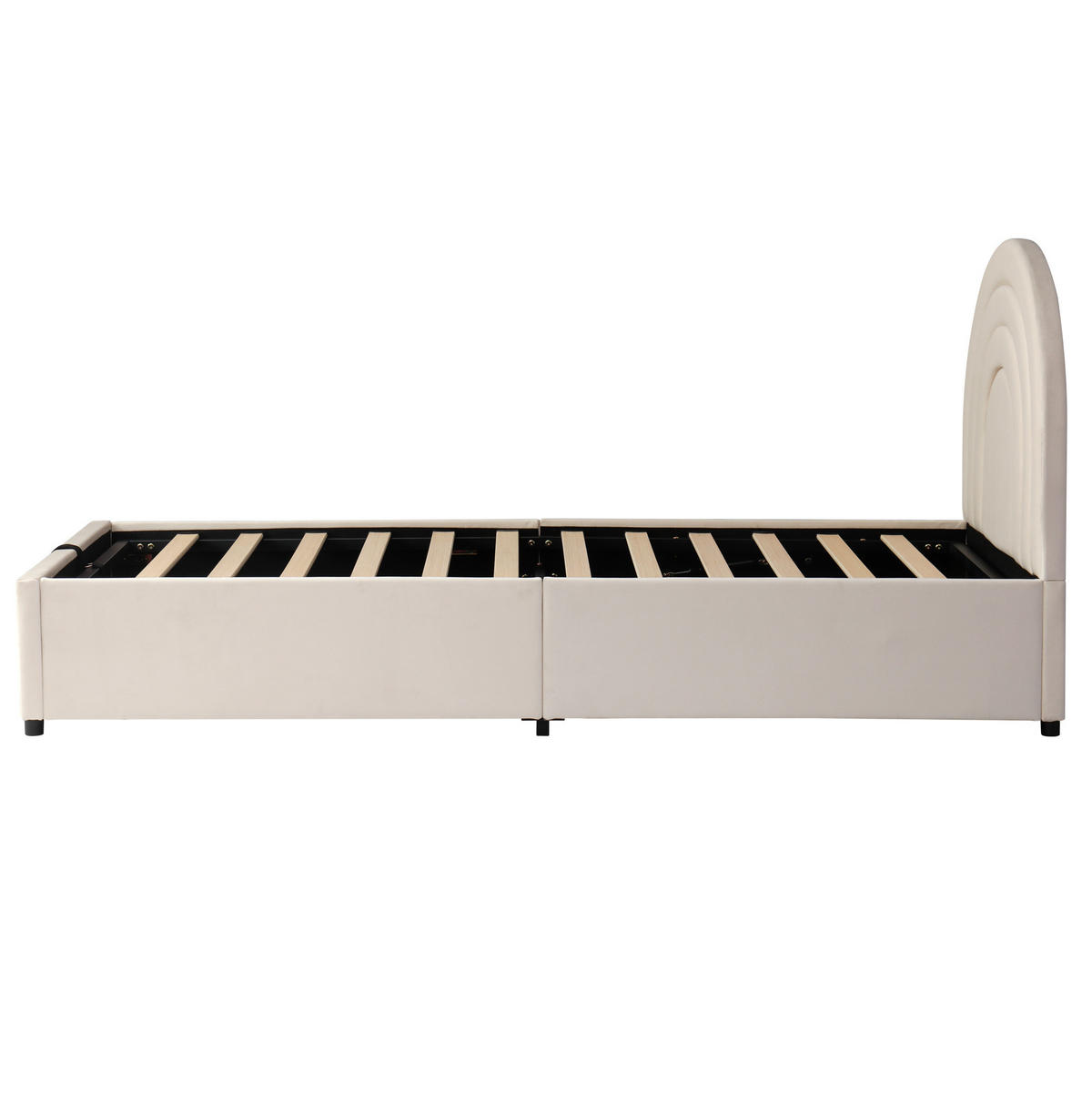 POLSTERBETT 90/200 cm beige aus Samt mit Stauraum und Kopfteil - Beige, Holzwerkstoff (90/200cm) - OKWISH