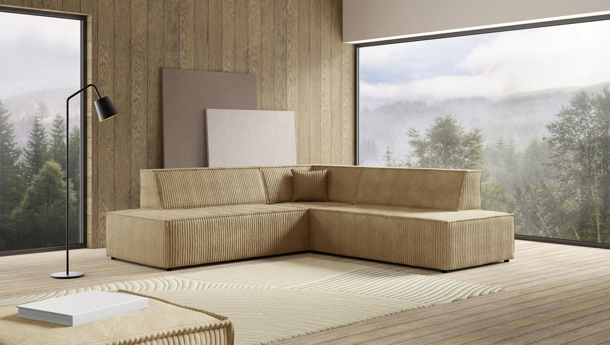 ECKSOFA TESSO II R-S Beige Kordstoff mit Schlaffunktion - Beige, Holz (254/254cm) - MASSENO