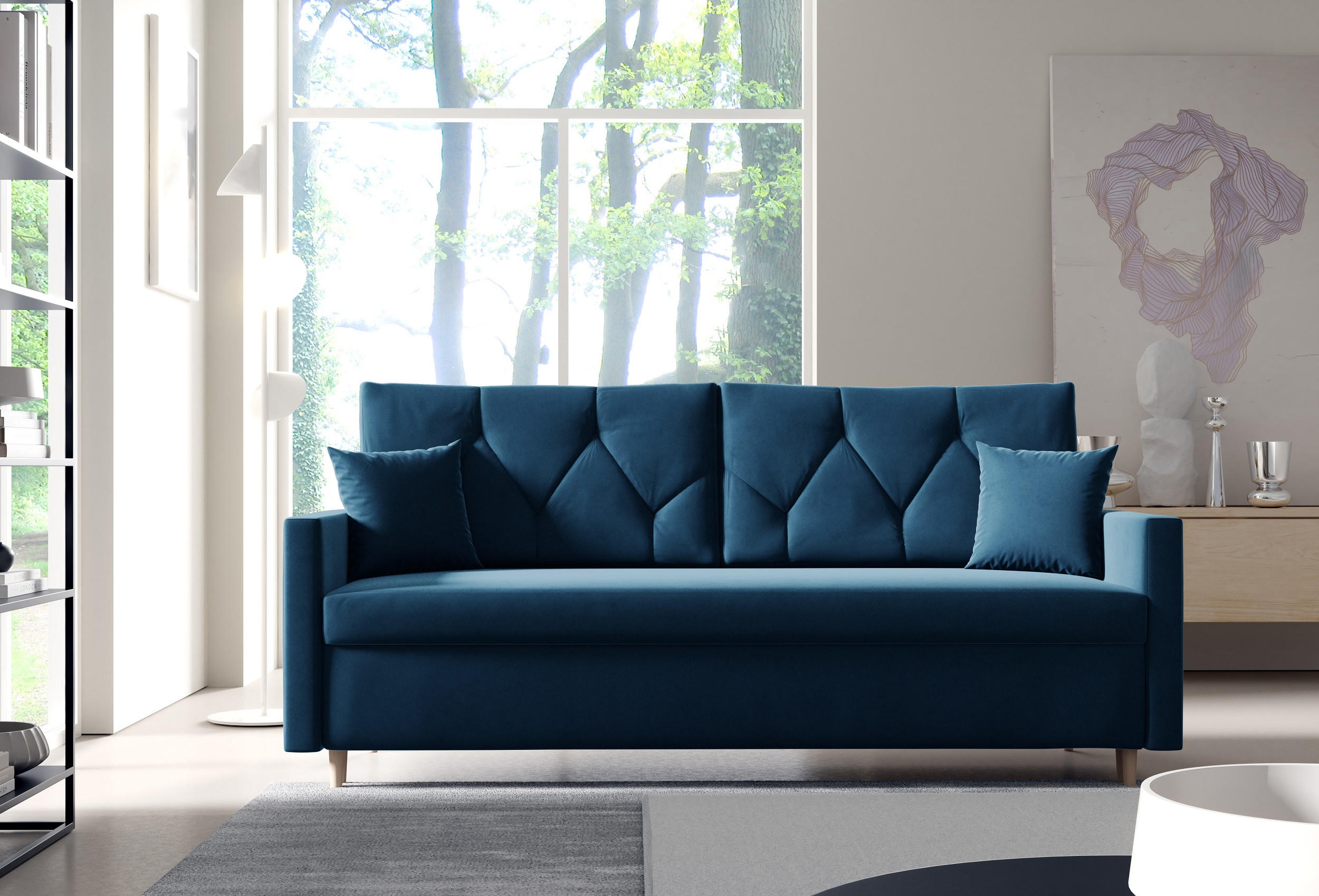 SCHLAFSOFA ARO, Sofa mit Schlaffunktion und Bettkasten, Klappsofa, Schlafcouch mit Füßen aus Naturholz, Veloursstoff, Couch in Frabe: Blau - Blau, Textil (217/100/87cm) - Sepro Meble