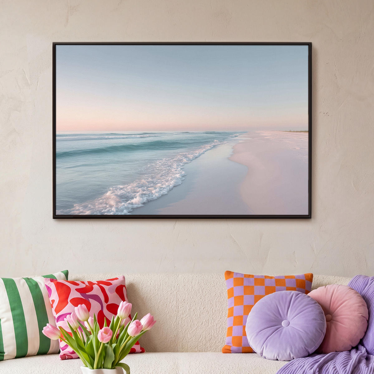 LEINWAND Bilder mit Rahmen - Küstenlinie - Pastell - Wasser - 90x60 - Pastellblau, Textil (90/60cm) - MuchoWow