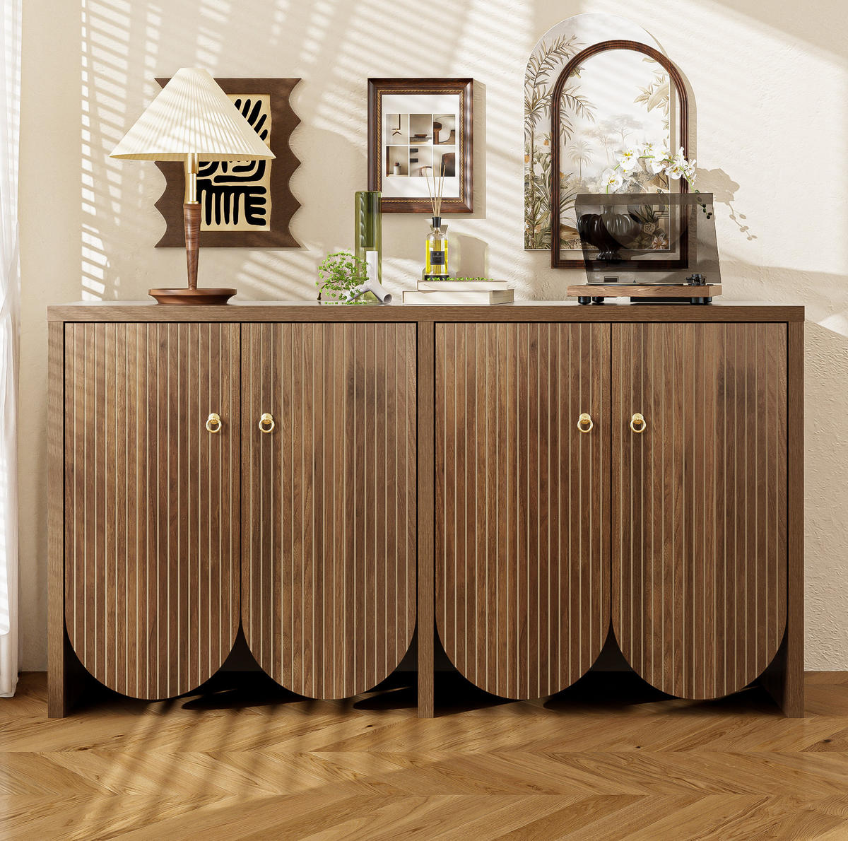 SIDEBOARD 147/40/80 cm in Walnussoptik mit 4 Türen und verstellbaren Einlegeböden - Walnussfarben, Holzwerkstoff (147/80/40cm) - Flora Grace
