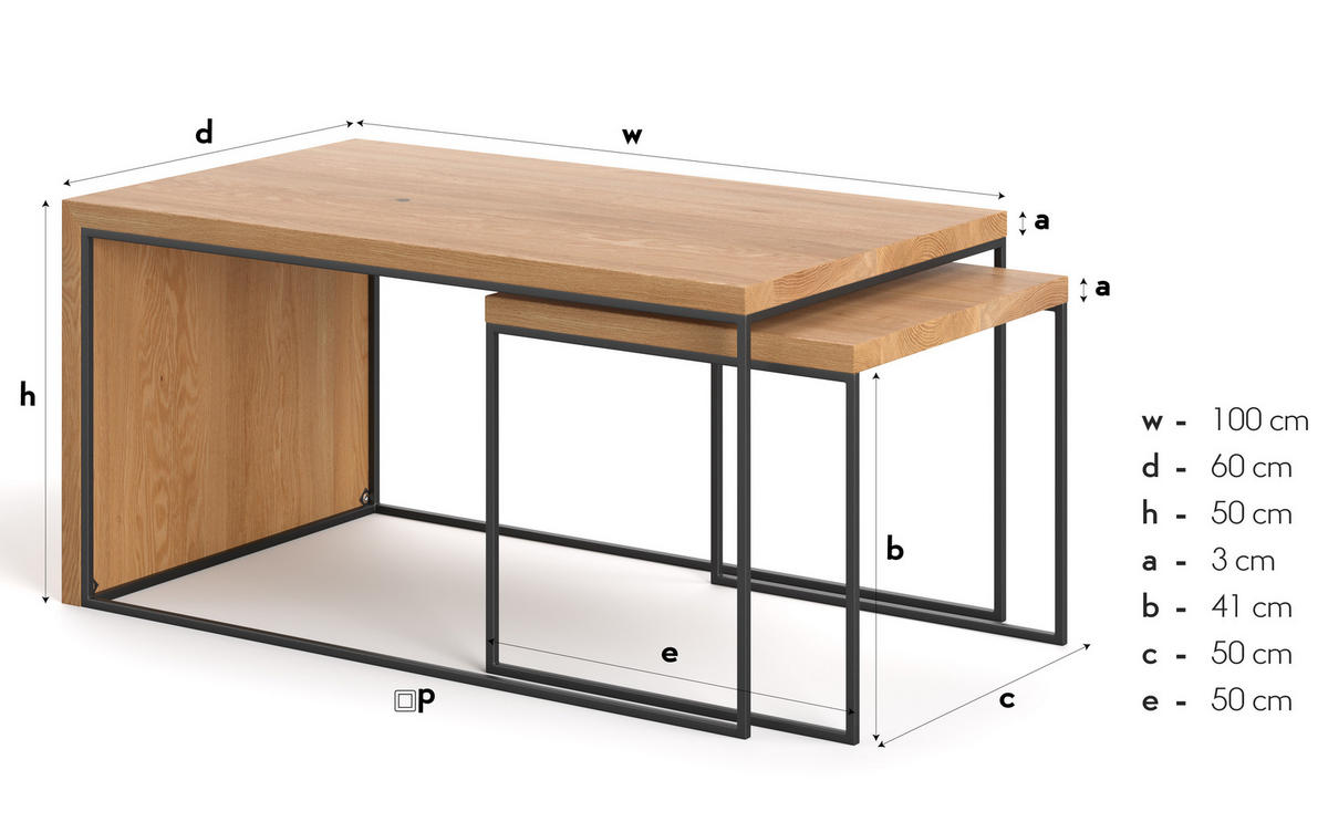 COUCHTISCH Mate -Set aus massivem Eichenholz - Eichefarben/Schwarz, Holz/Metall (100/60/50cm) - Danzz