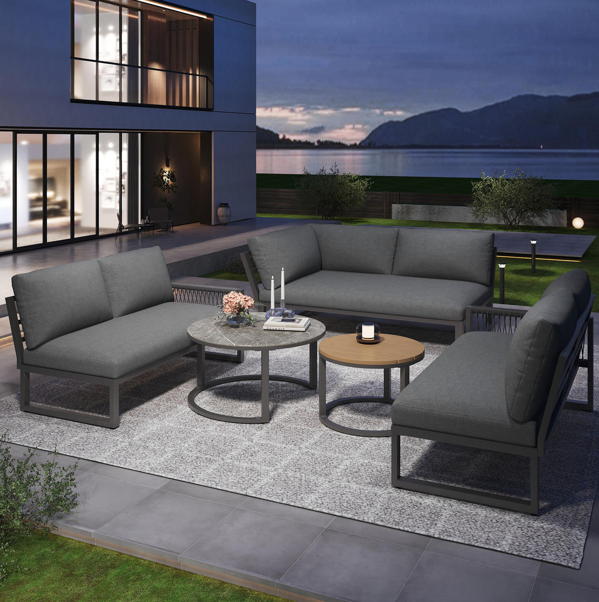 LOUNGEGARNITUR Grau aus Metall und Polyester 5er Set - Grau, Metall - OKMYHOME