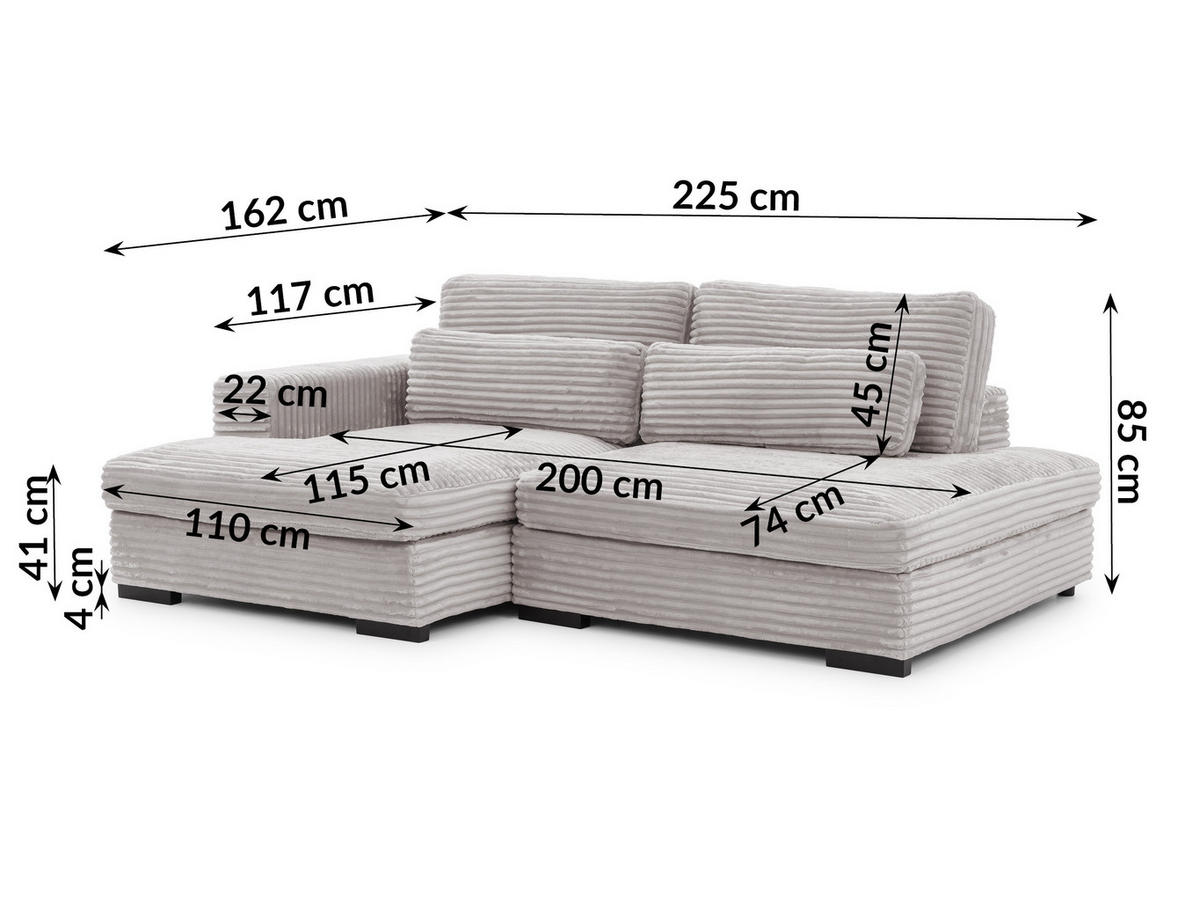 ECKSOFA Wolke mit tiefer Sitzfläche, Schlaffunktion und praktischem Bettkasten aus weichem Hellgrau Cordstoff - Hellgrau/Schwarz, Holz/Kunststoff (162/225cm) - S-Style