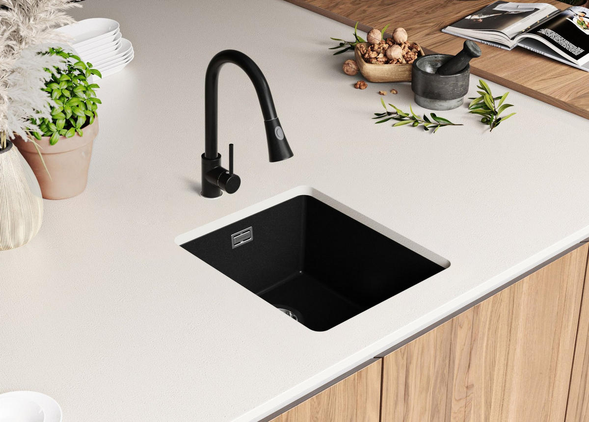 UNTERBAUSPÜLE GRANIT London, 2-er set Alles Schwarz 41/47 cm 1 Becken + Küchenarmatur 40/38 cm + Ablauf-Set ab 45er Unterschrank - Schwarz, Kunststoff (41/20/47cm) - Primagran