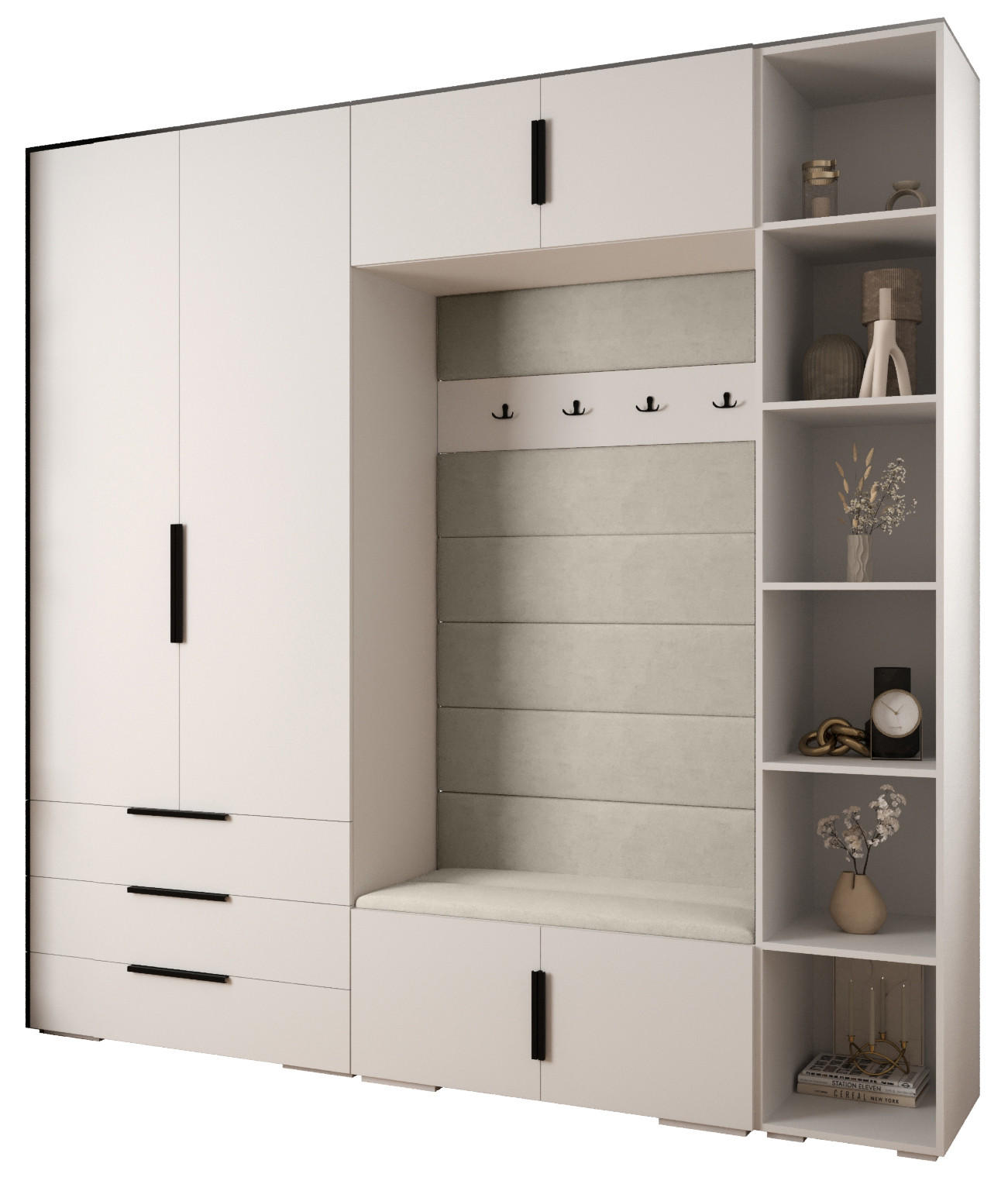 Abiks Möbel Garderoben-Set Weiß, Beige, Schwarz 240x236.7x47 cm