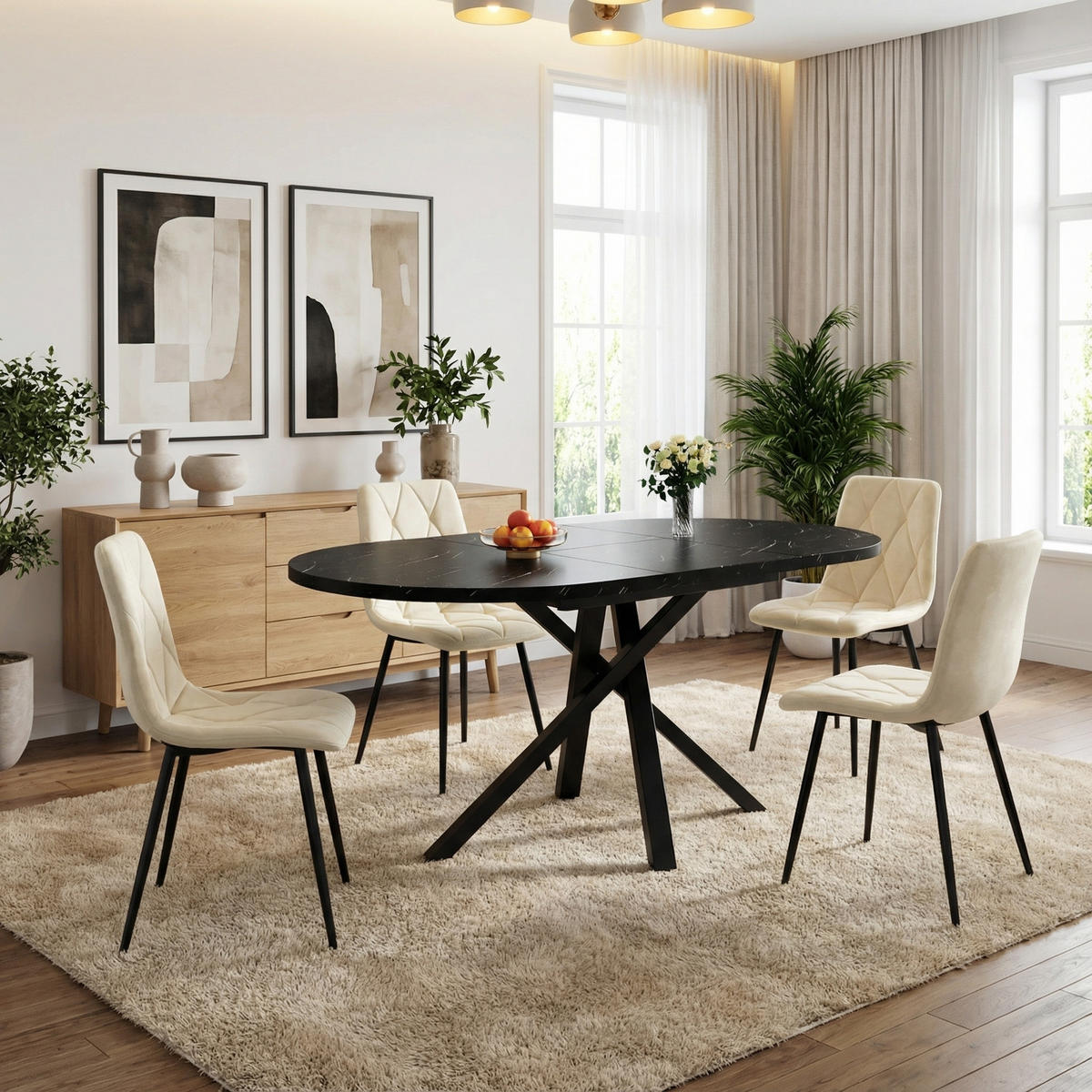 ESSGRUPPE 5-teilige Ausziehbarer Esstisch & 4 Samtstühle - Weiß, Holzwerkstoff (140/76/100cm) - Urban Meuble