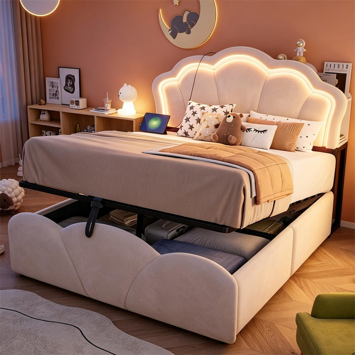 POLSTERBETT 140x200 cm mit hydraulischem Stauraum - LED Beleuchtung & Ladeanschluss - Beige - ohne Matratze - Beige, Textil (140/200cm) - DELFA