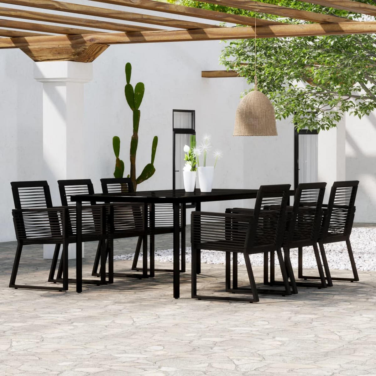 GARTENTISCHGRUPPE mit 200 cm Tisch, aus Stachl und PVC-Rattan, 7-teiliges Set - Schwarz, Metall - vidaXL