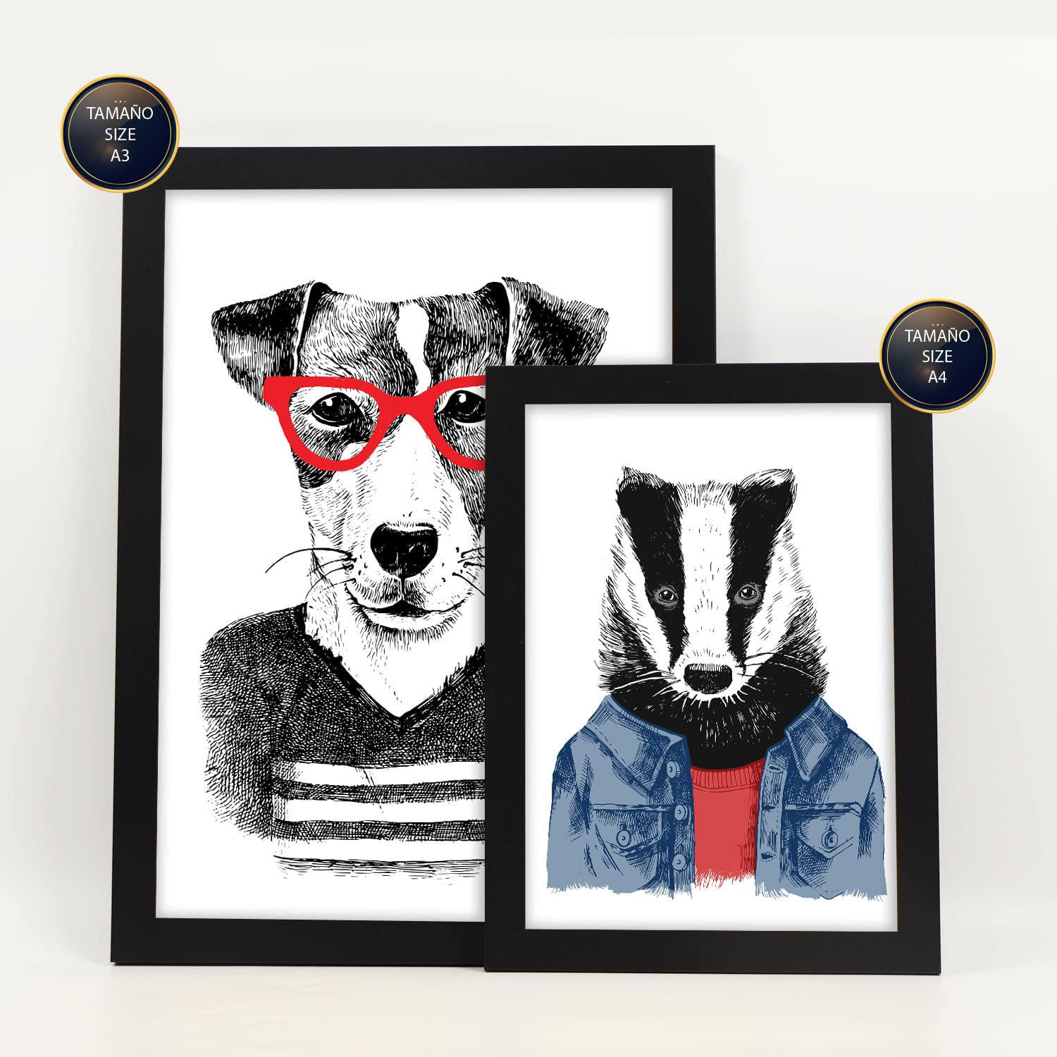 POSTER Set Mit 6 Edle Tiere Im Farbenfrohen Handgezeichneten Stil Weißer Hintergrunddruck Mit Tieren In Menschlicher Kleidung A3 & A4 Schwarzer Rahmen - Schwarz, Papier (29/3cm) - Nacnic