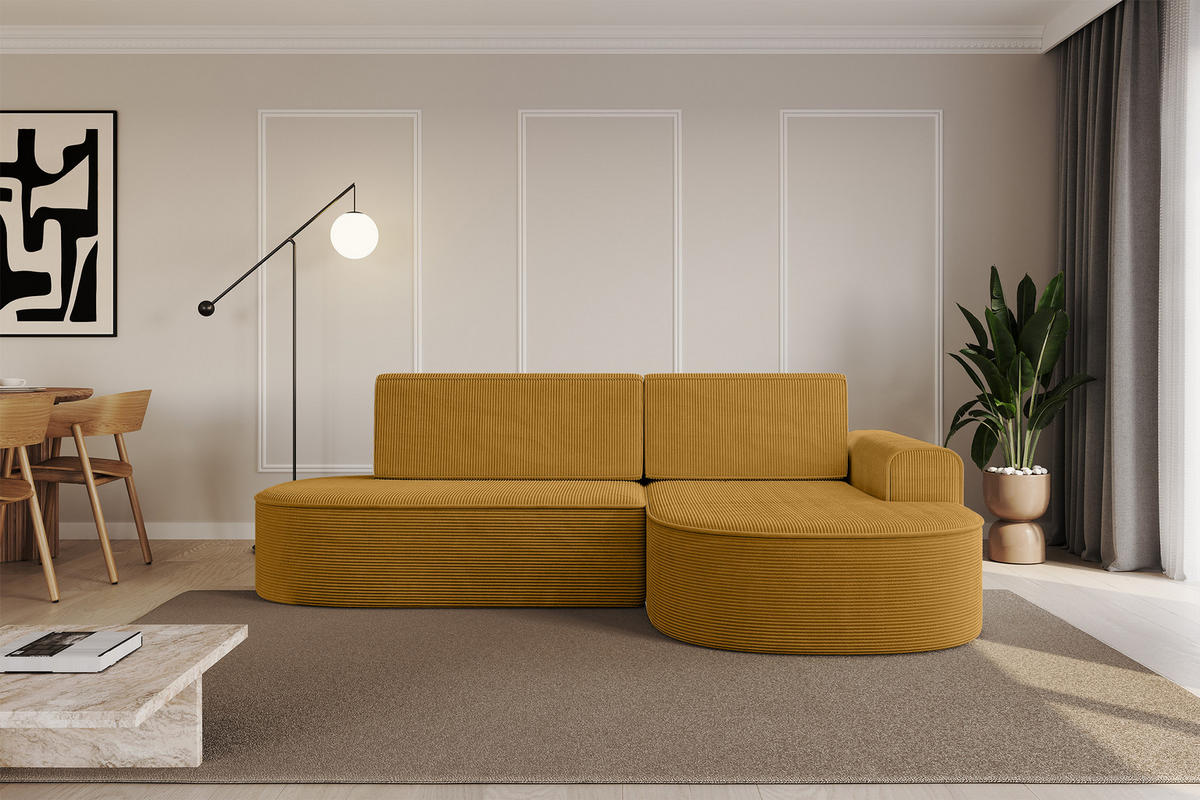 ECKSOFA mit Schlaffunktion und Bettkasten Ottomane Rechts MARI-L1-S - 283x167x85 cm Senfgelb Cord - Gelb/Schwarz, Holzwerkstoff/Kunststoff (167/283cm) - ALTDECOR