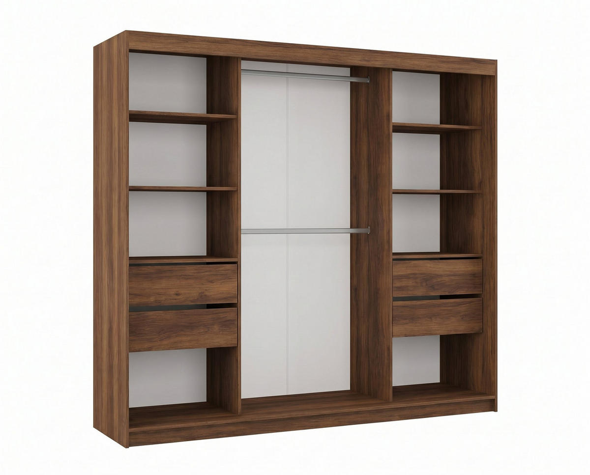 SCHWEBETÜRENSCHRANK LAMELLO 240/216/61 cm Modern Kleiderschrank 3-türig mit Spiegel Nussbaumfarben - Nussbaumfarben, Holzwerkstoff (240/216/61cm) - MASSENO